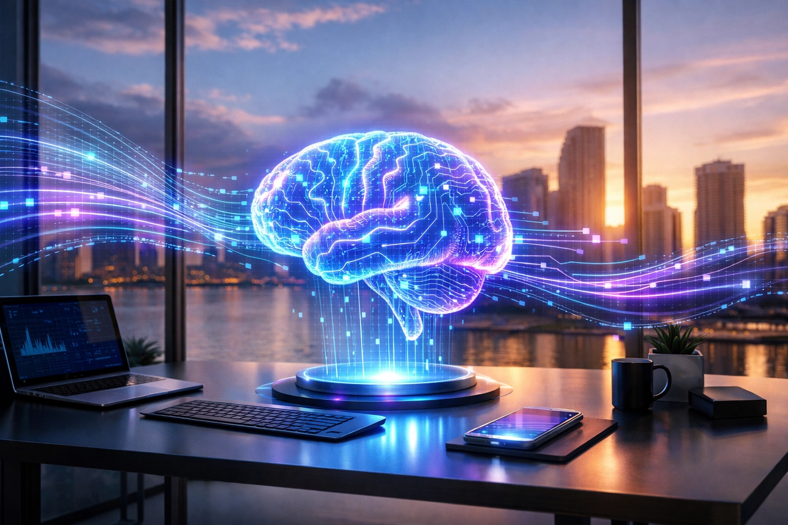 AI marketing strategy workspace with Miami skyline and holographic interface