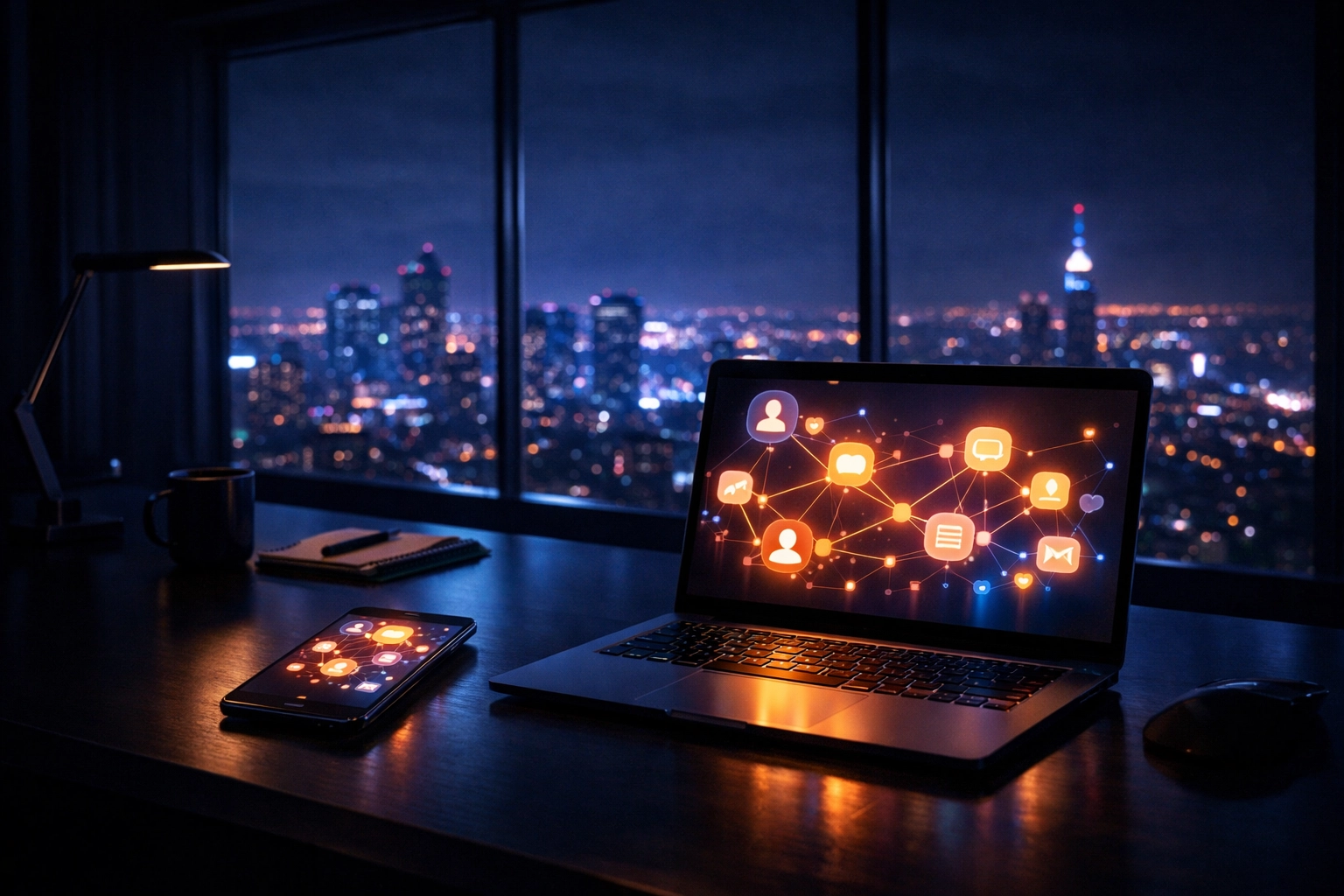 Modern office at night with glowing screens representing 24/7 AI customer support activity.