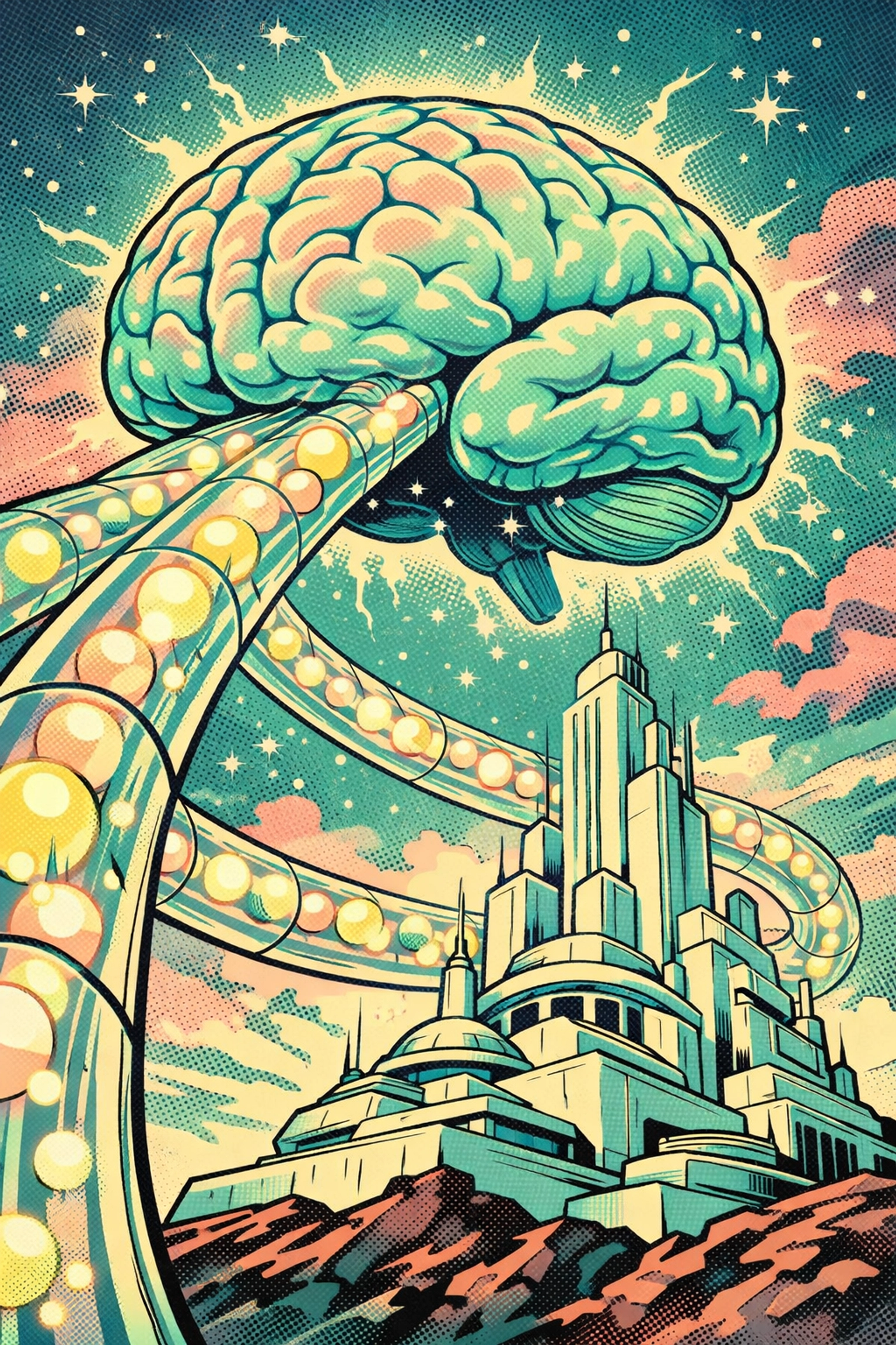 Comic-style depiction of integrating cloud AI with a secure enterprise tech stack via a data bridge.