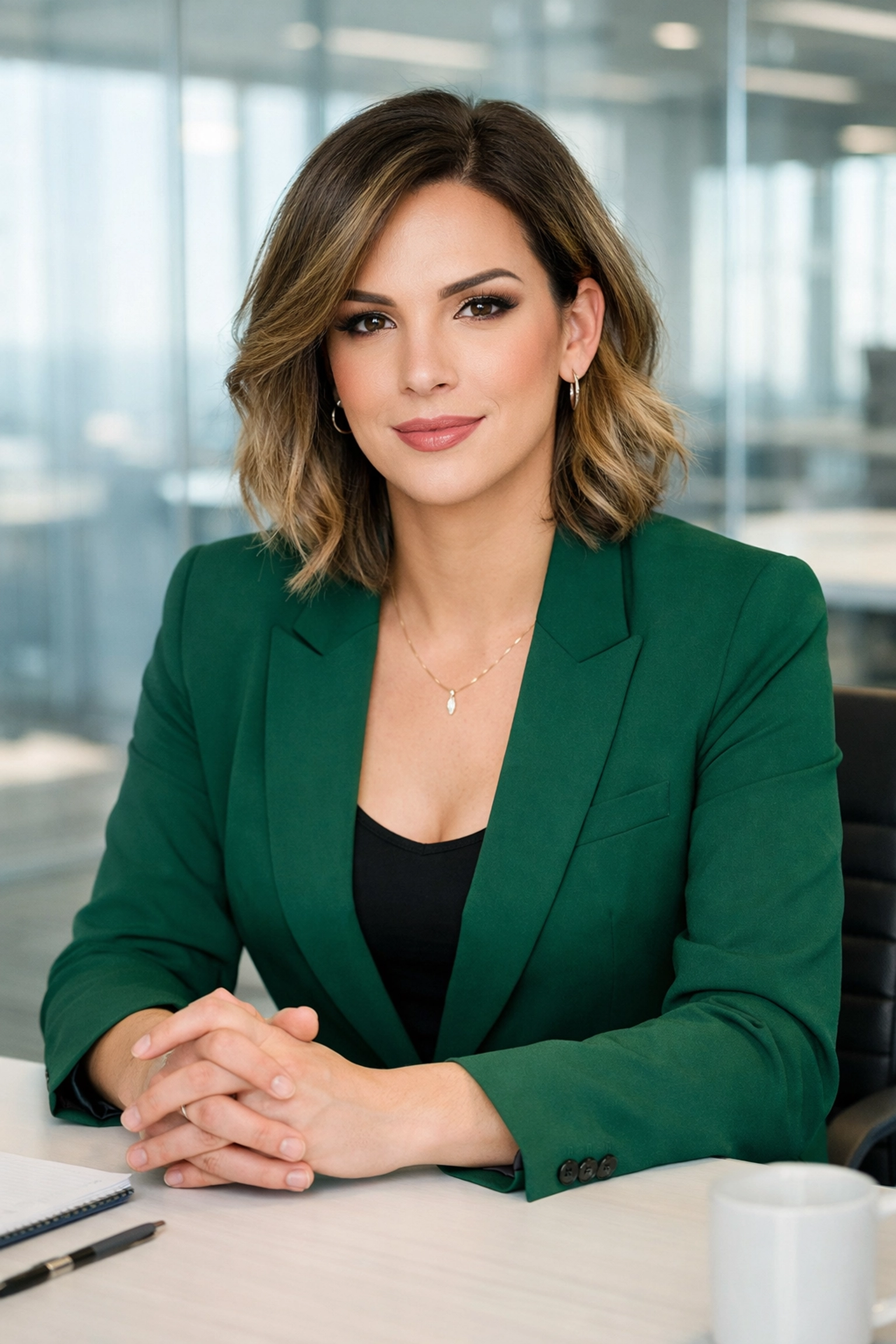 Confident trans woman in professional attire sitting in a modern, inclusive office space during a job interview.