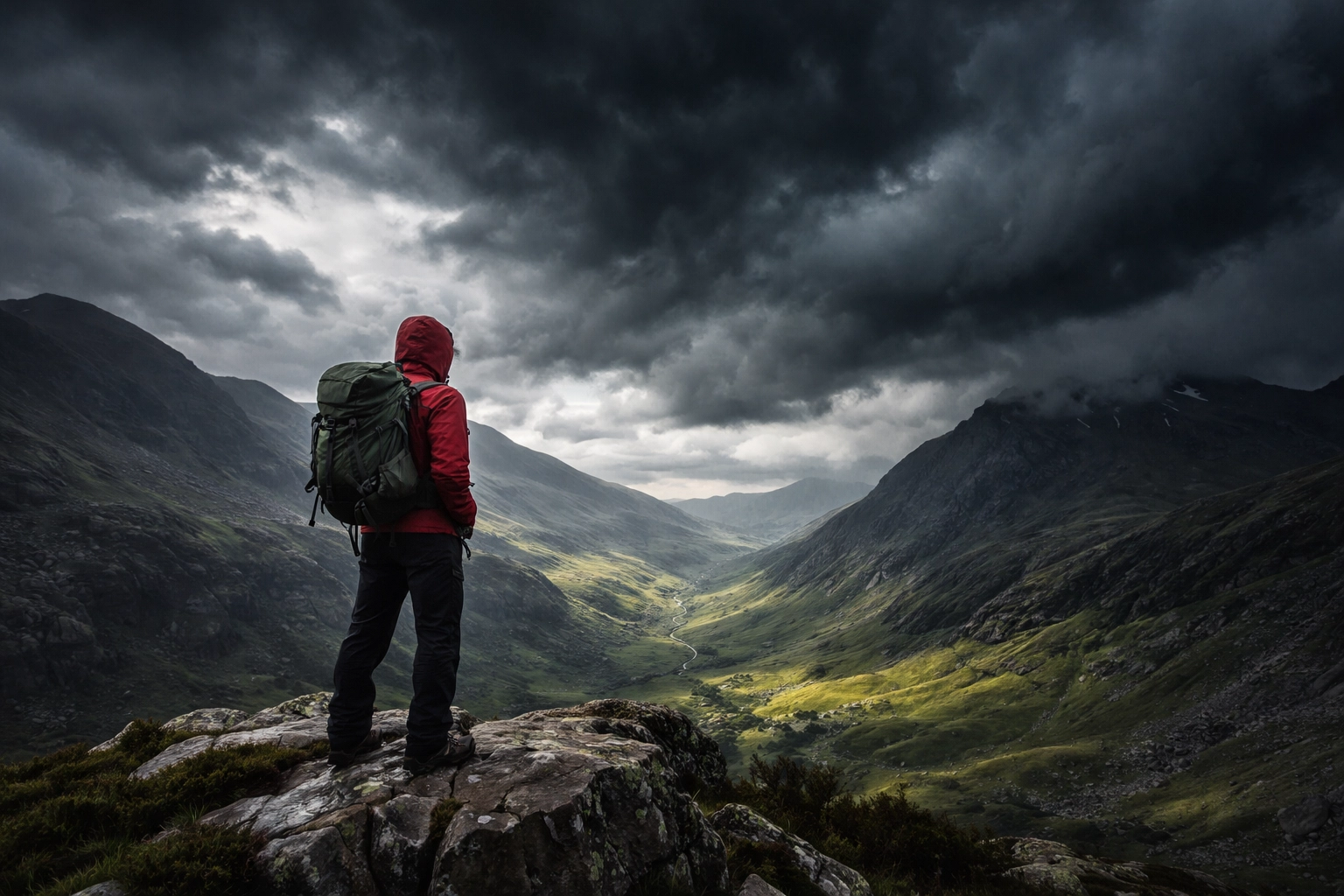 Camper in waterproofs watching storm clouds over Welsh mountains, underscoring the importance of UK weather awareness.