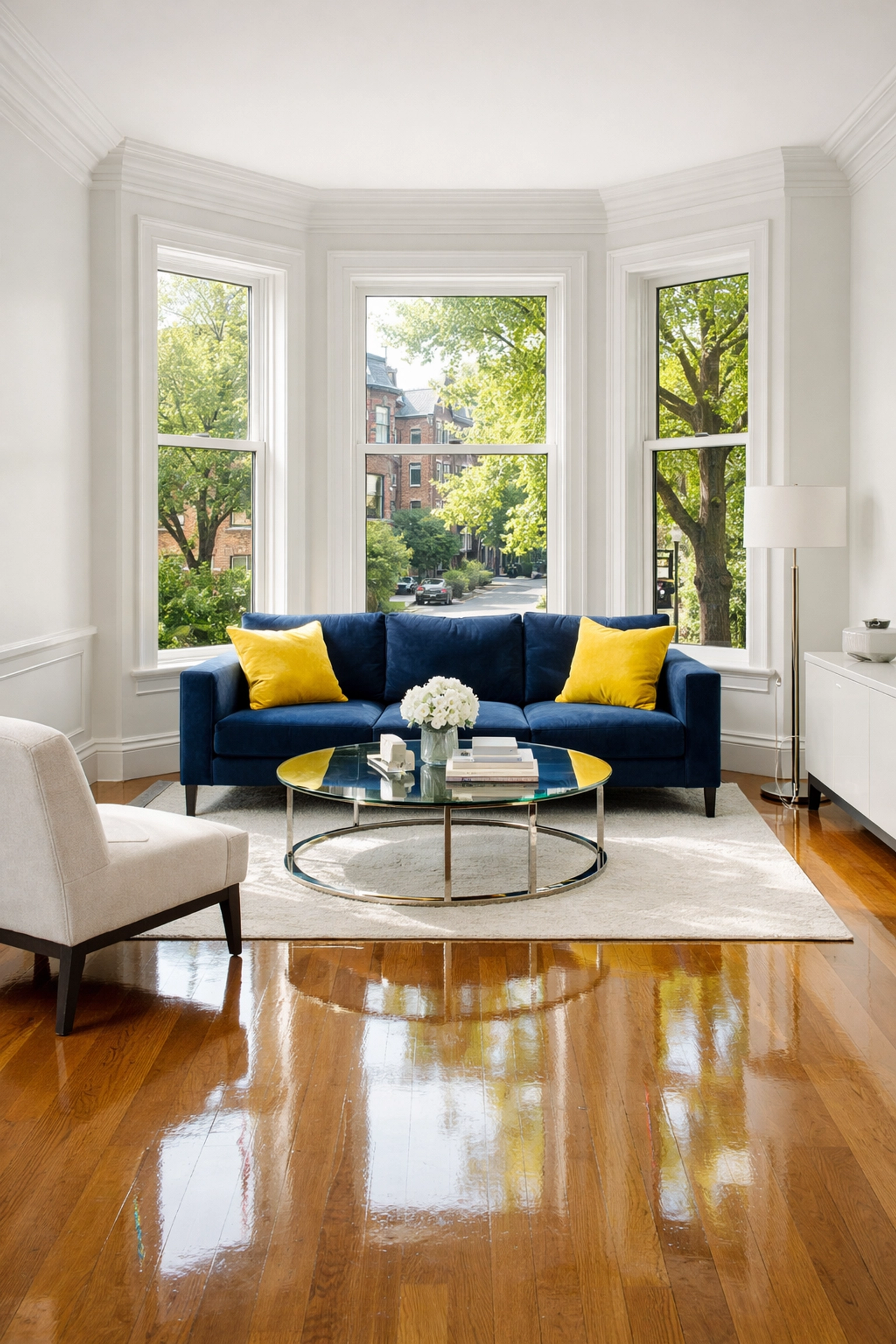 Professionally cleaned living room in a Cambridge MA brownstone with polished floors.