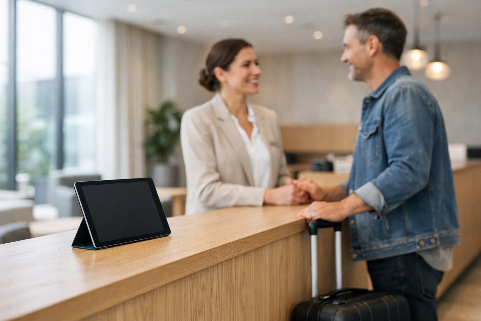 Automated hotel check-in at a modern reception desk allowing staff to focus on guest interaction.