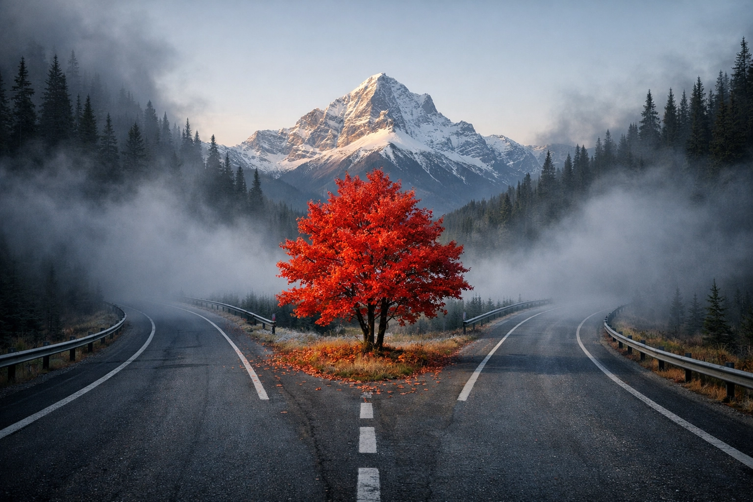 A highway fork in the Canadian Rockies representing a new path for Canadian politics.