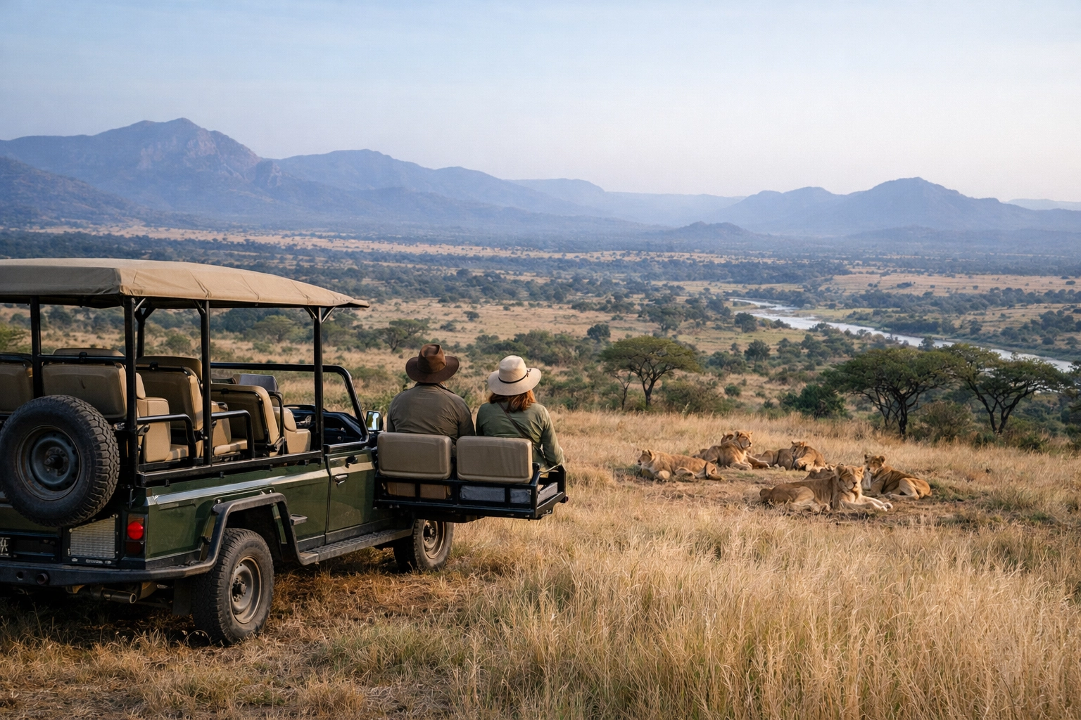 Exclusive safari vehicle watching a pride of lions in a private conservancy with no other tourists in sight.