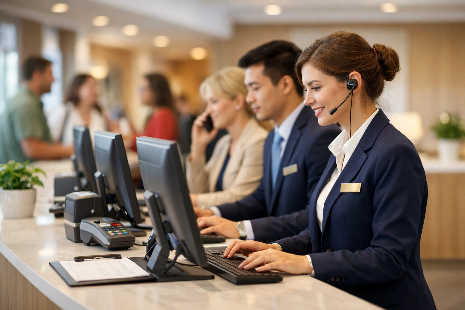 Busy hotel front desk staff working during peak hours with modern PMS system