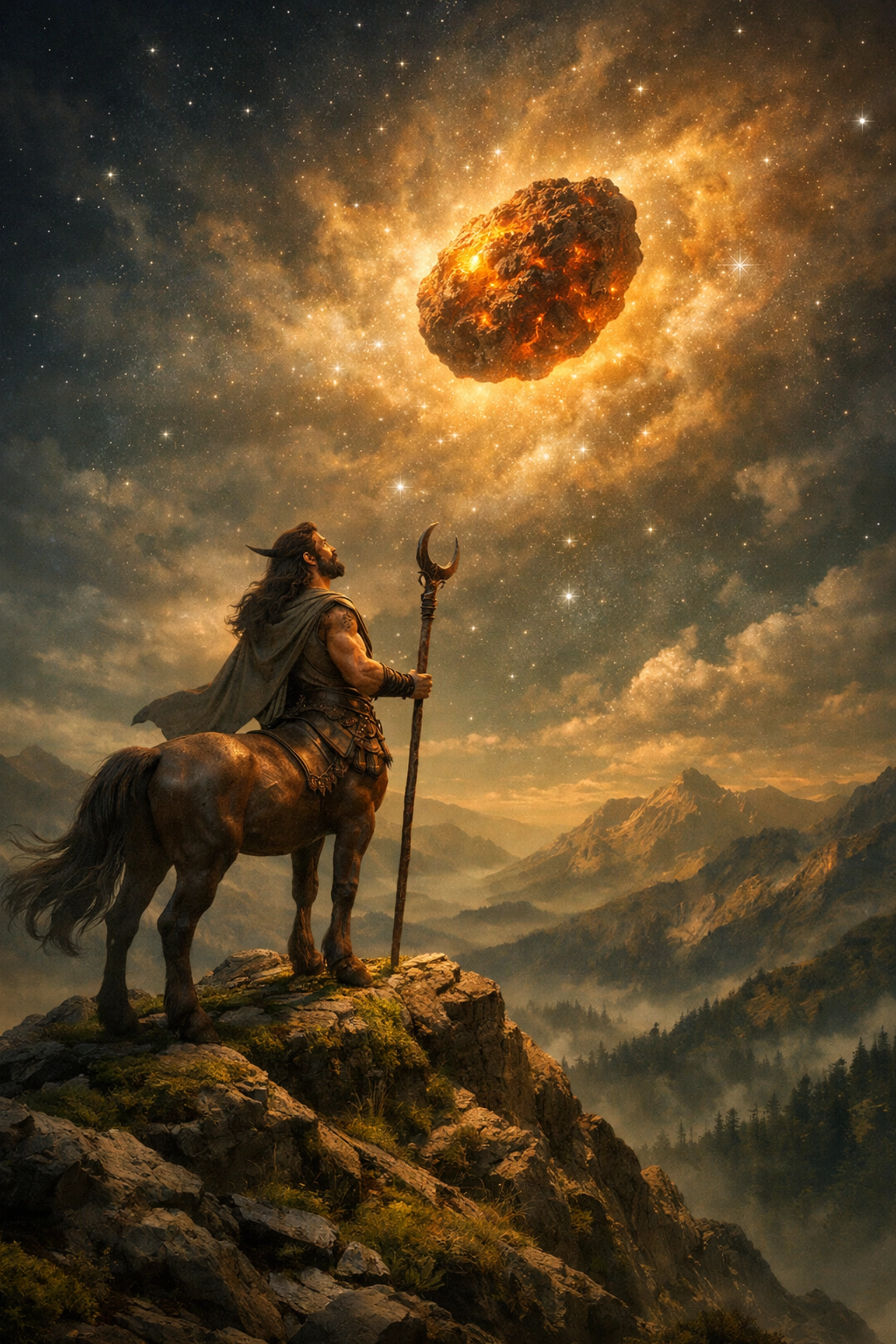 A mystical centaur looking at the glowing Chiron asteroid, symbolizing the wounded healer's wisdom.