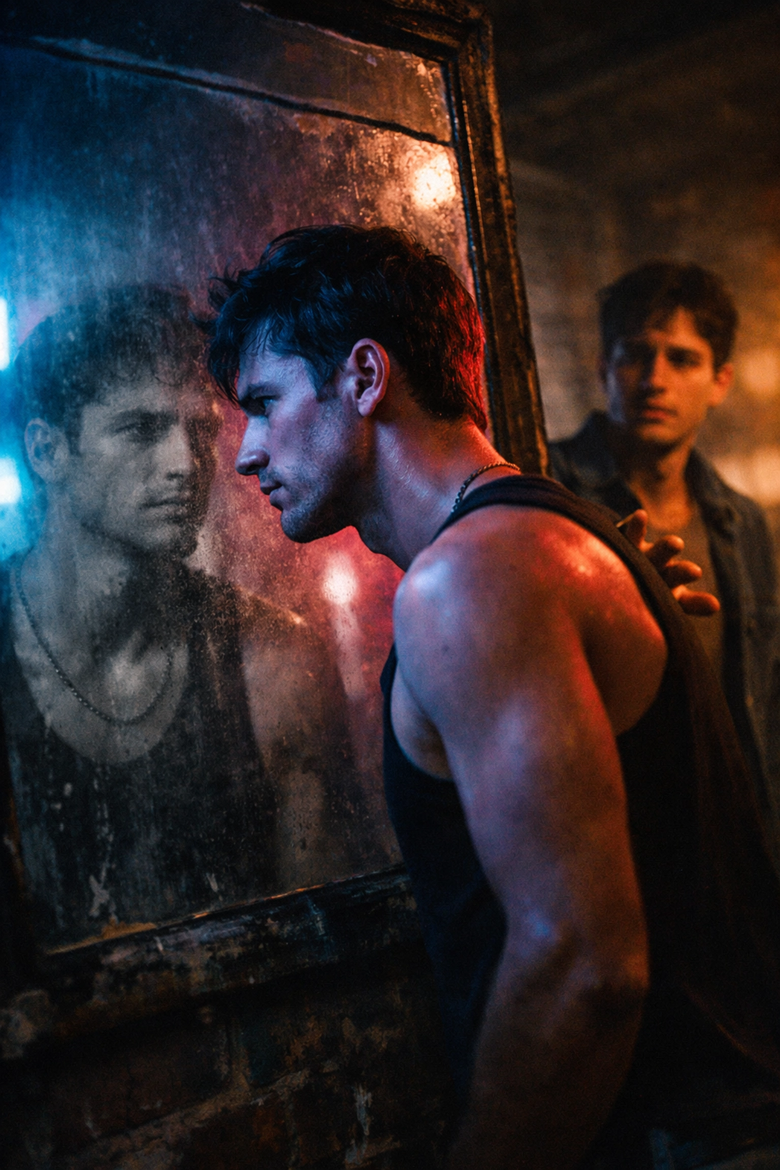 A gay man looks into a fading mirror while his partner watches with anxiety, depicting the start of addiction.