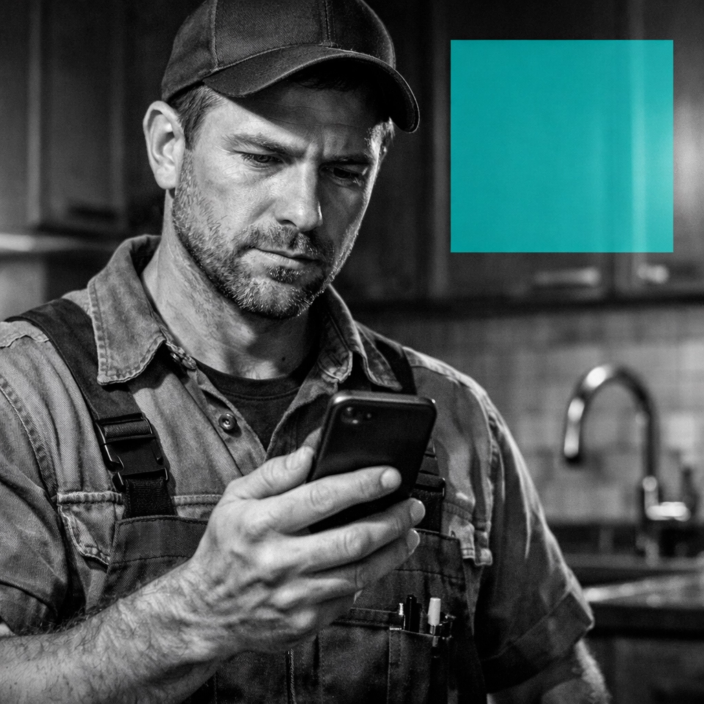 Plumber reviewing a job lead on a smartphone, representing high-intent Google Search ad results.