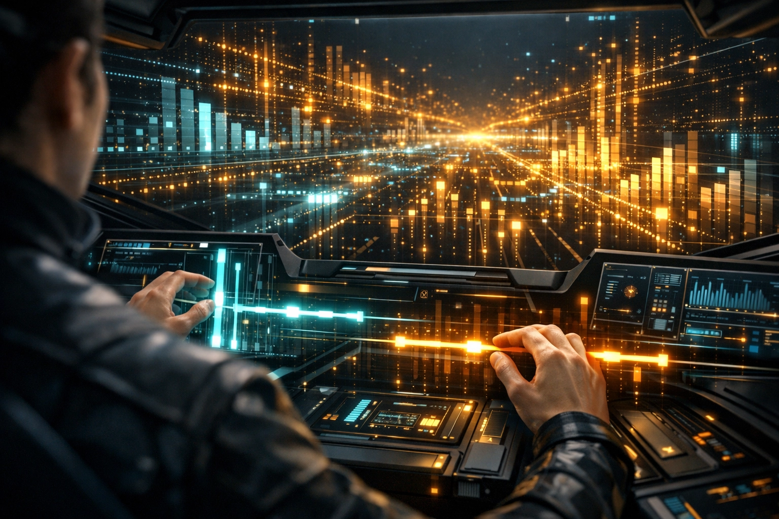 Digital dashboard showing a strategist steering Performance Max AI with search theme signals.