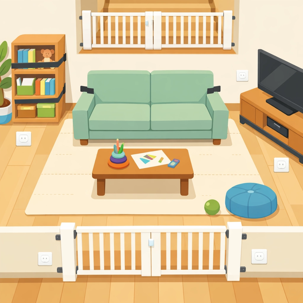 Childproofed family living room with safety gates and secured furniture for Christian home