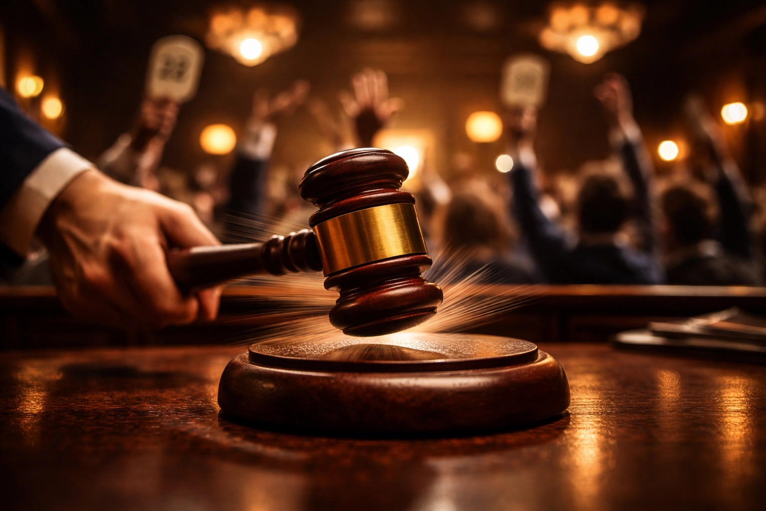 Auctioneer's gavel in action at a busy Oldham property auction, highlighting the urgent need for fast bridging loans.