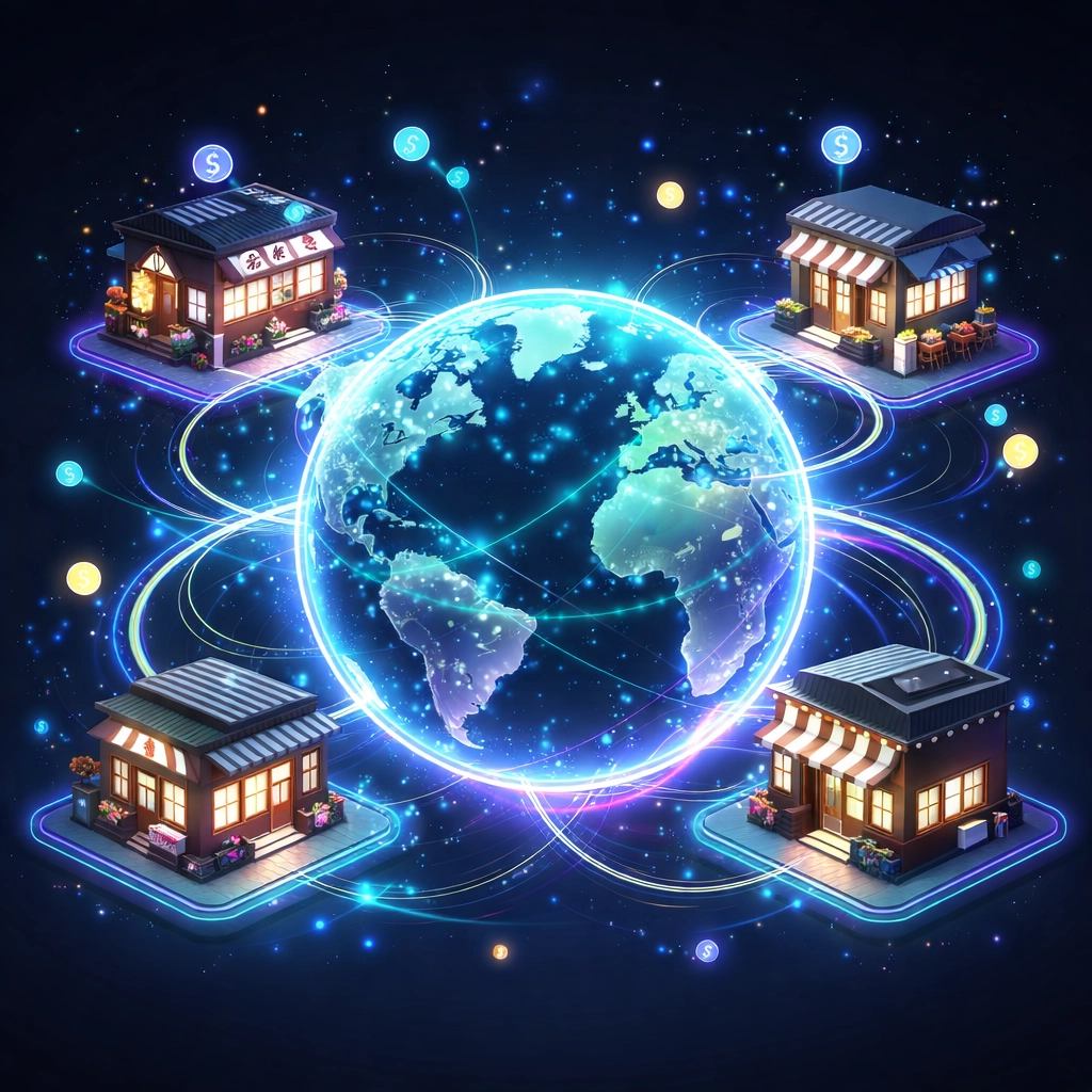 Illustration of a global payment network connecting diverse storefronts, symbolizing Web3 global payments, cross-border crypto POS systems, and merchant growth.