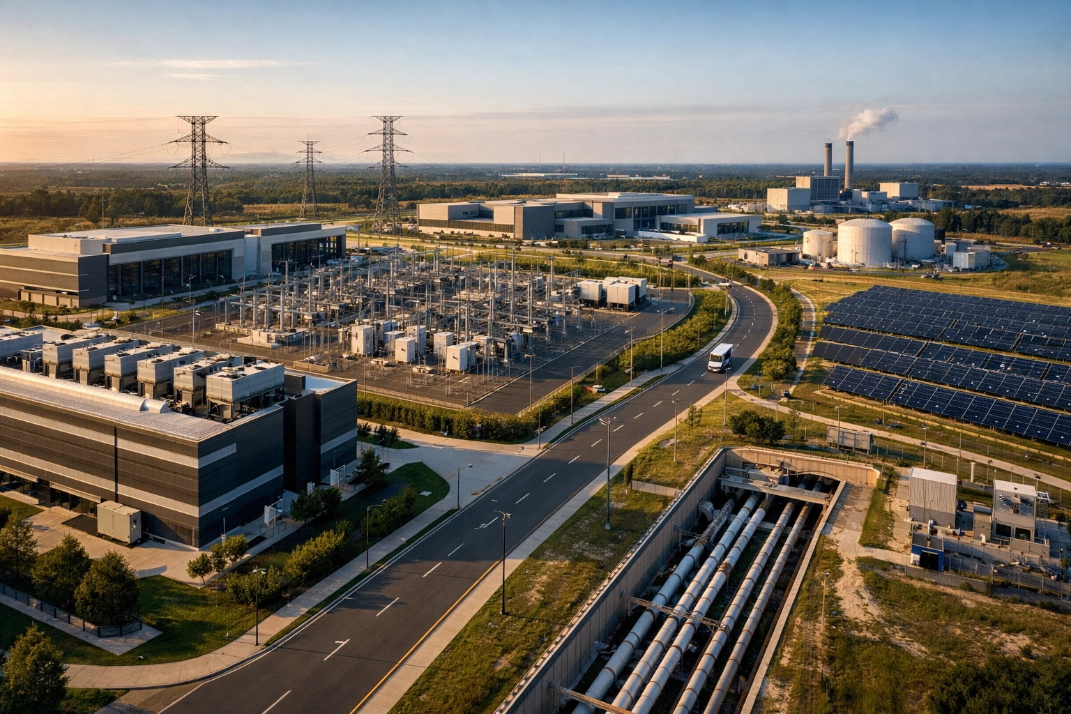 Modern industrial campus in an editorial-style visual with data center and energy infrastructure elements.