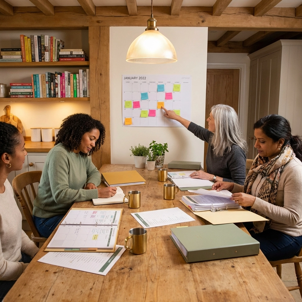Four women of diverse backgrounds are sitting around a conference table. One of the women is pointing to a "to do" list with post-it notes on a whiteboard, while the other women are taking notes. 