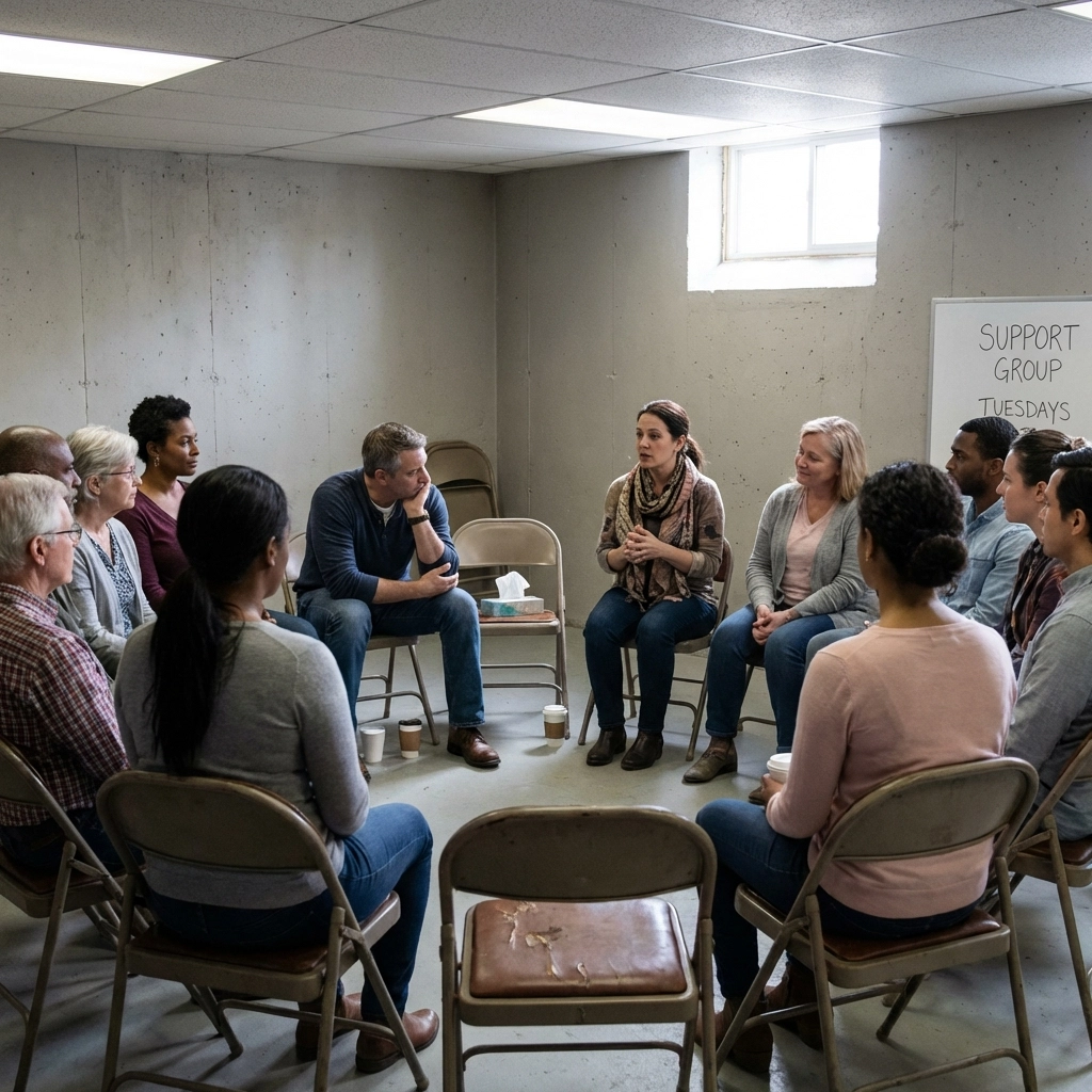 Diverse support group gathered in a circle at a community center, reflecting the importance of family and community for addiction recovery support.
