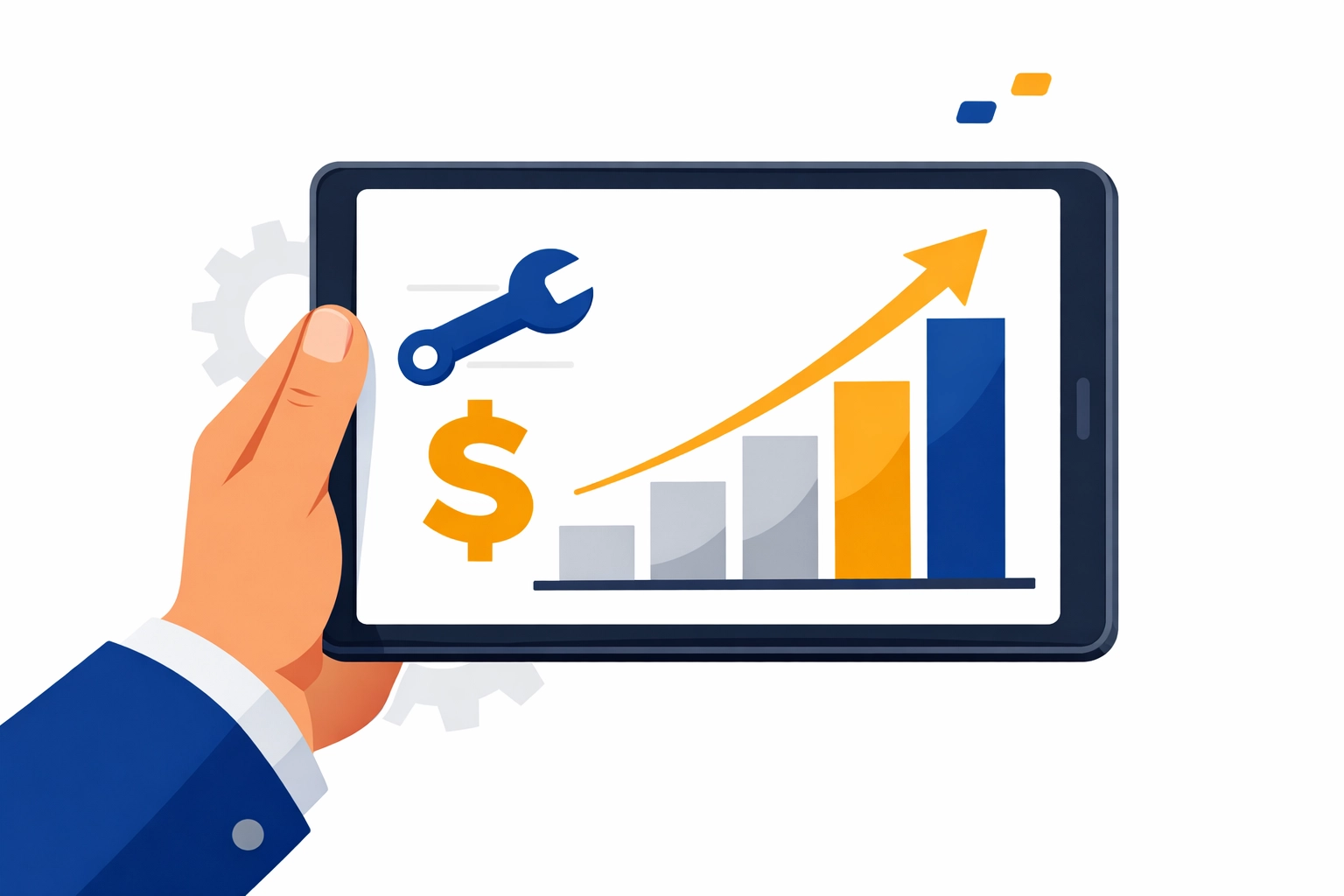 Mobile tablet displaying a rising profit graph with wrench and dollar icons for HVAC project tracking.