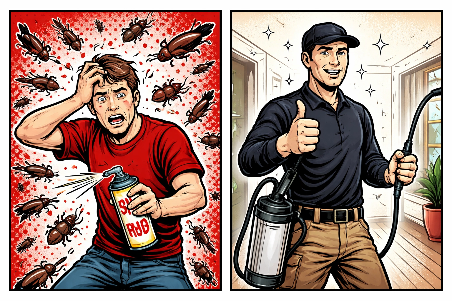 Split comic showing failed DIY pest control with bugs, and successful local professional pest removal for a pest-free Jasper home.