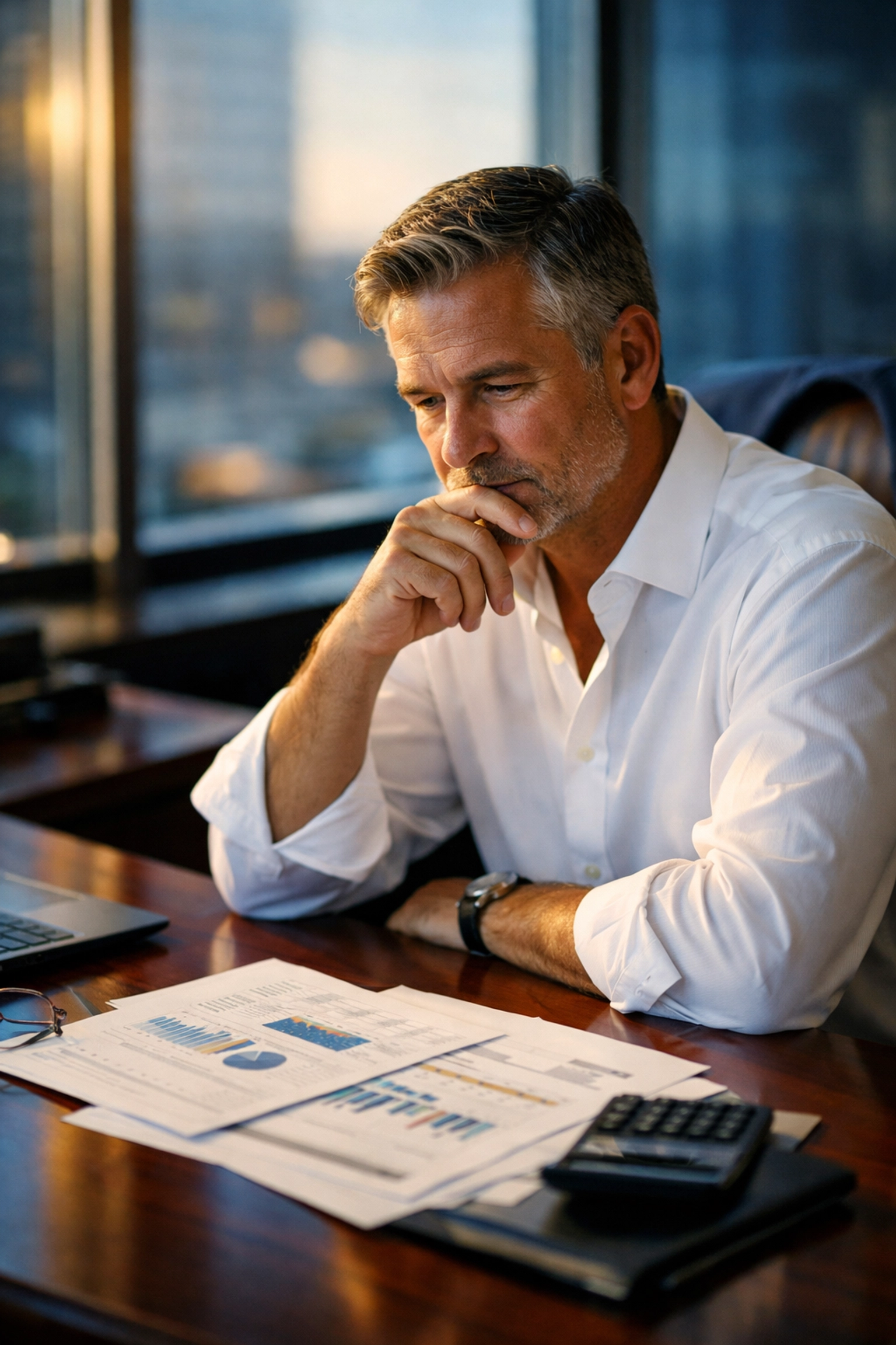 Experienced business owner contemplating strategic decisions at office desk