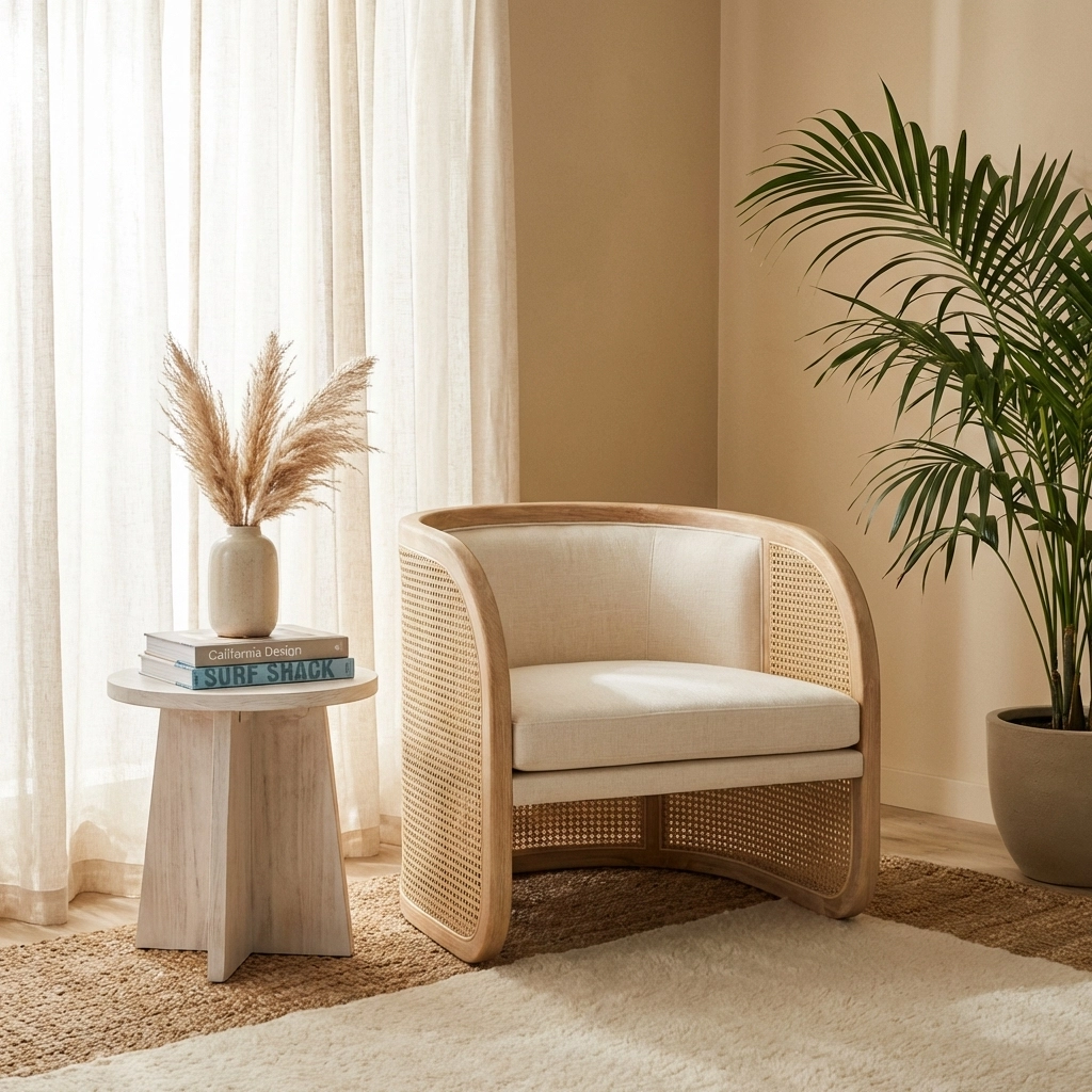 California coastal seating area with sculptural cane chair, layered rugs, and soft natural light