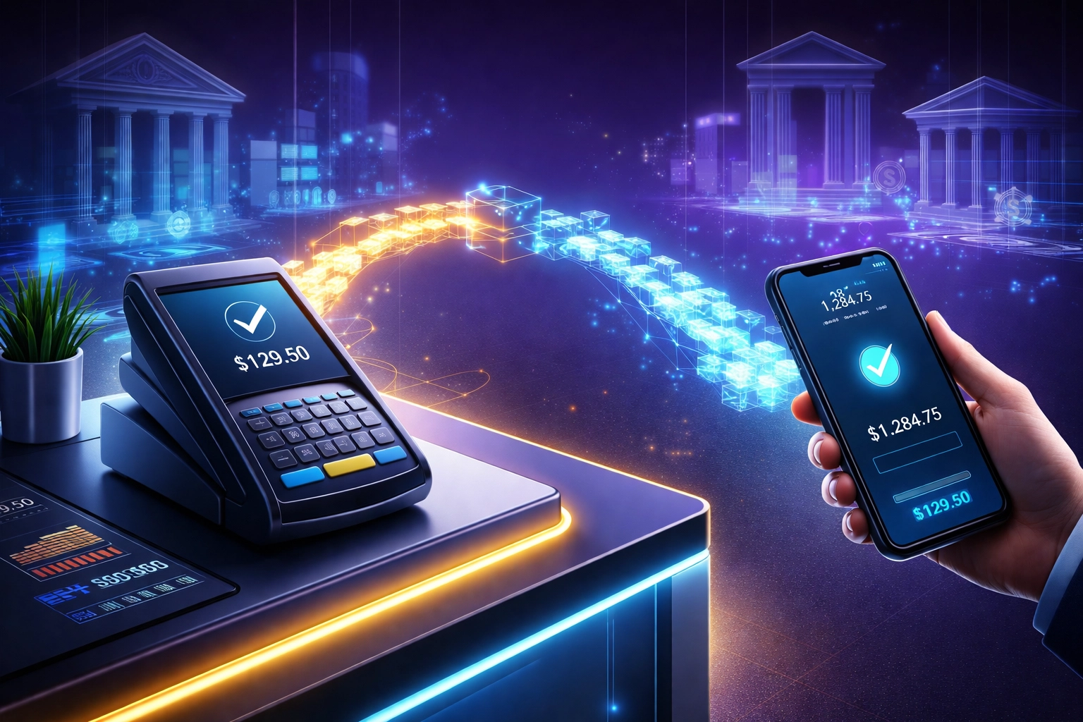 Blockchain payment network shows merchant accepting crypto directly from customer without banks