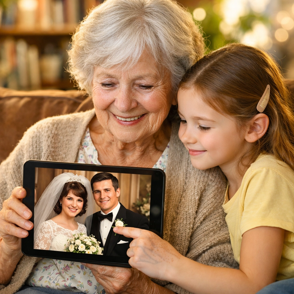 A family viewing a restored 1960s wedding photo on a tablet, preserving their heritage with AI.