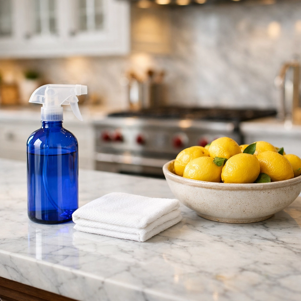 Eco-friendly cleaning on a marble island in a Dover estate, ensuring elite maintenance without chemical residue.