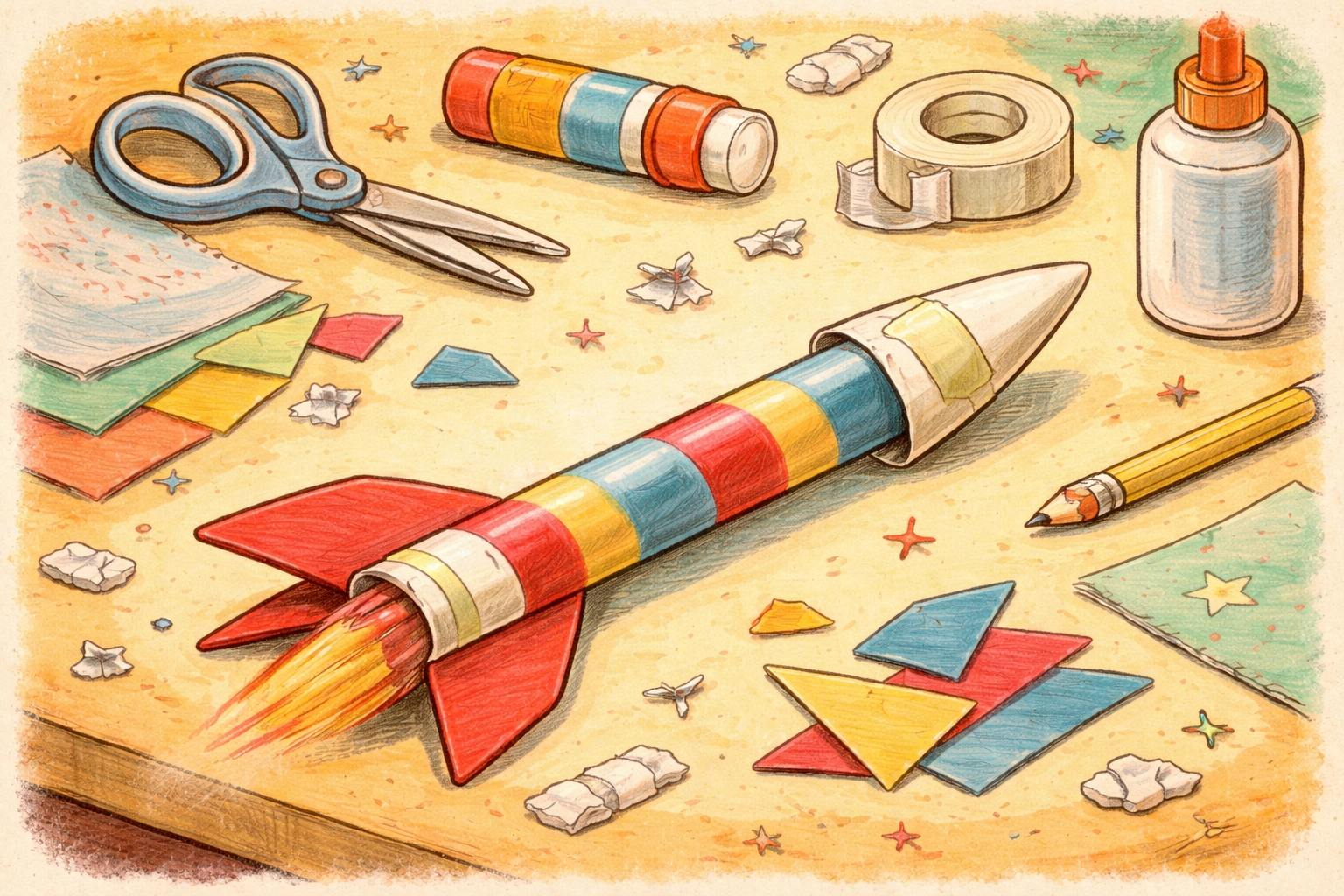 Completed paper rocket with nose cone and fins ready for launching on kids' craft table