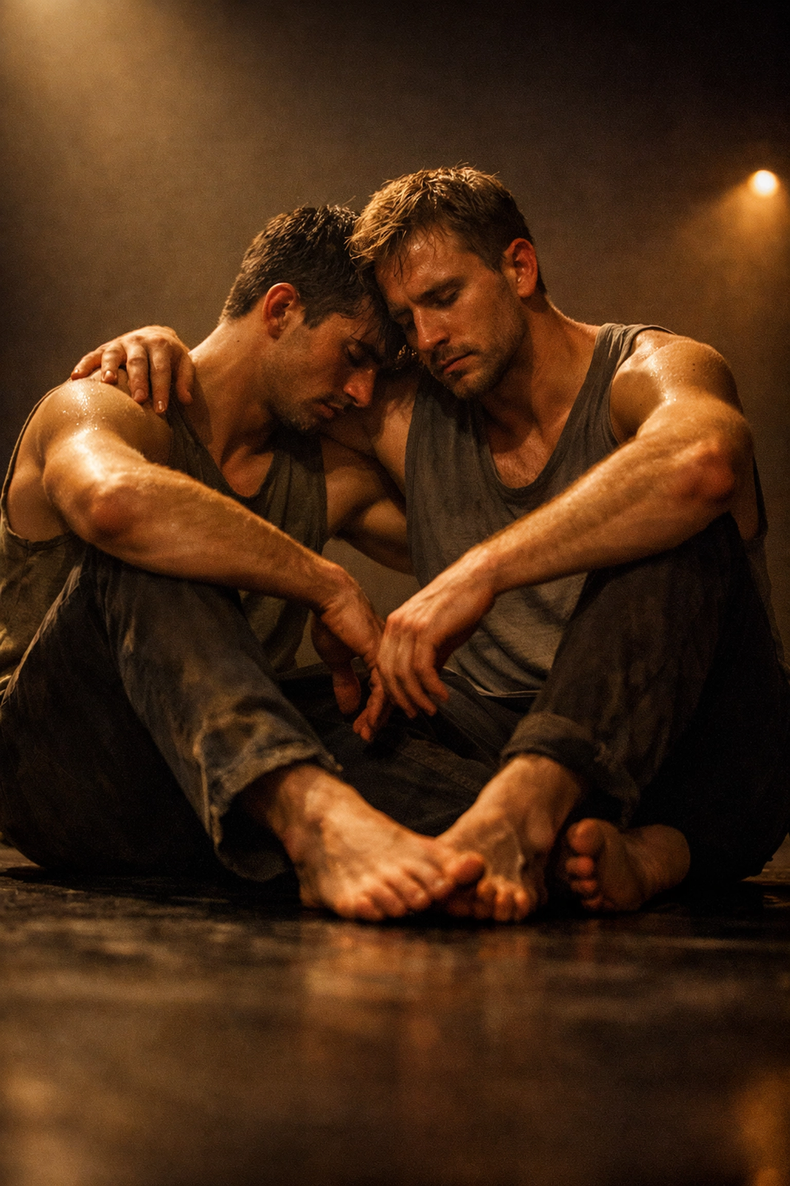 Gay contemporary dancers sharing vulnerable moment on stage showing emotional storytelling