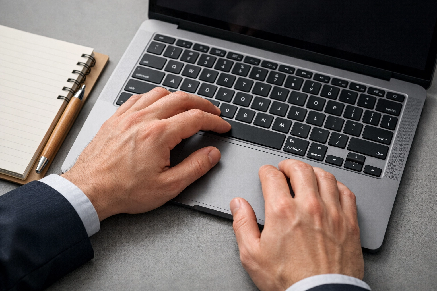Close-up of hands on a laptop completing an online cash advance or payday loan application.