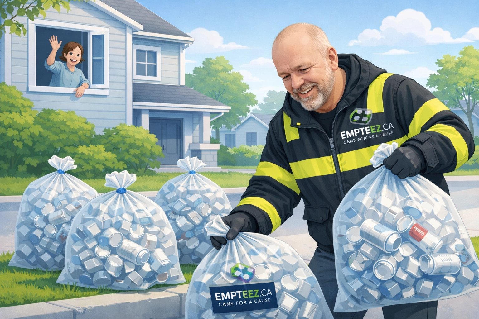 2D illustration of Tim “Can Man” Kemsley picking up clear bags of aluminum cans while a customer waves from the window