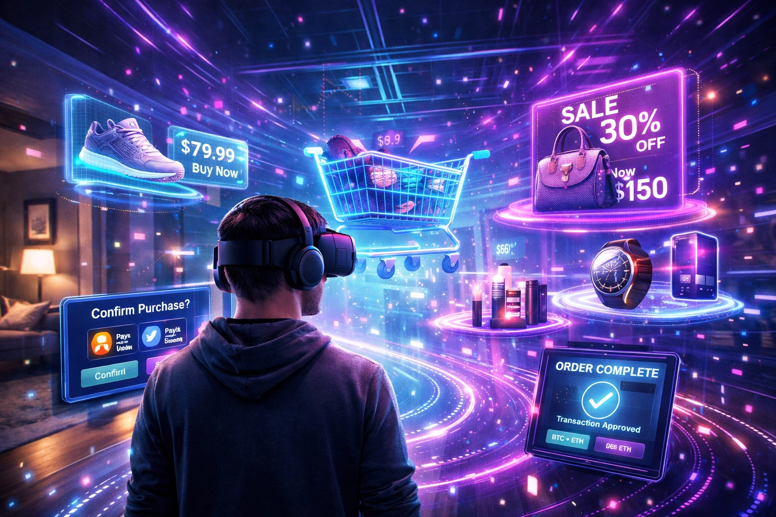 Metaverse VR shopping experience with crypto payment integration and virtual storefronts