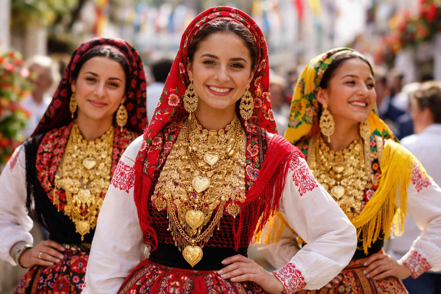 Women in traditional Minho dress wearing elaborate gold jewelry in Viana do Castelo