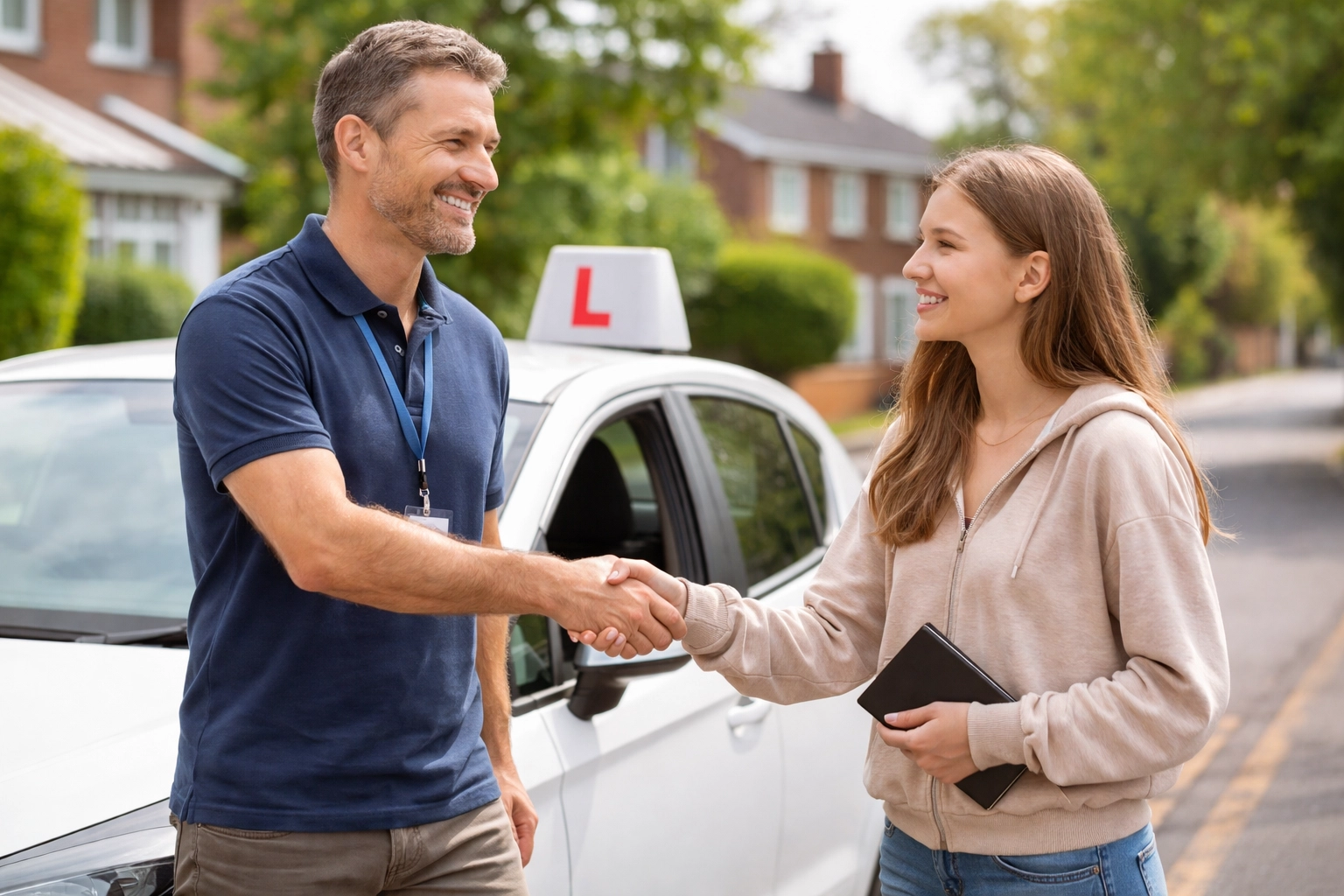 Driving instructor greeting a new learner driver with a handshake outside their car in Burton on Trent