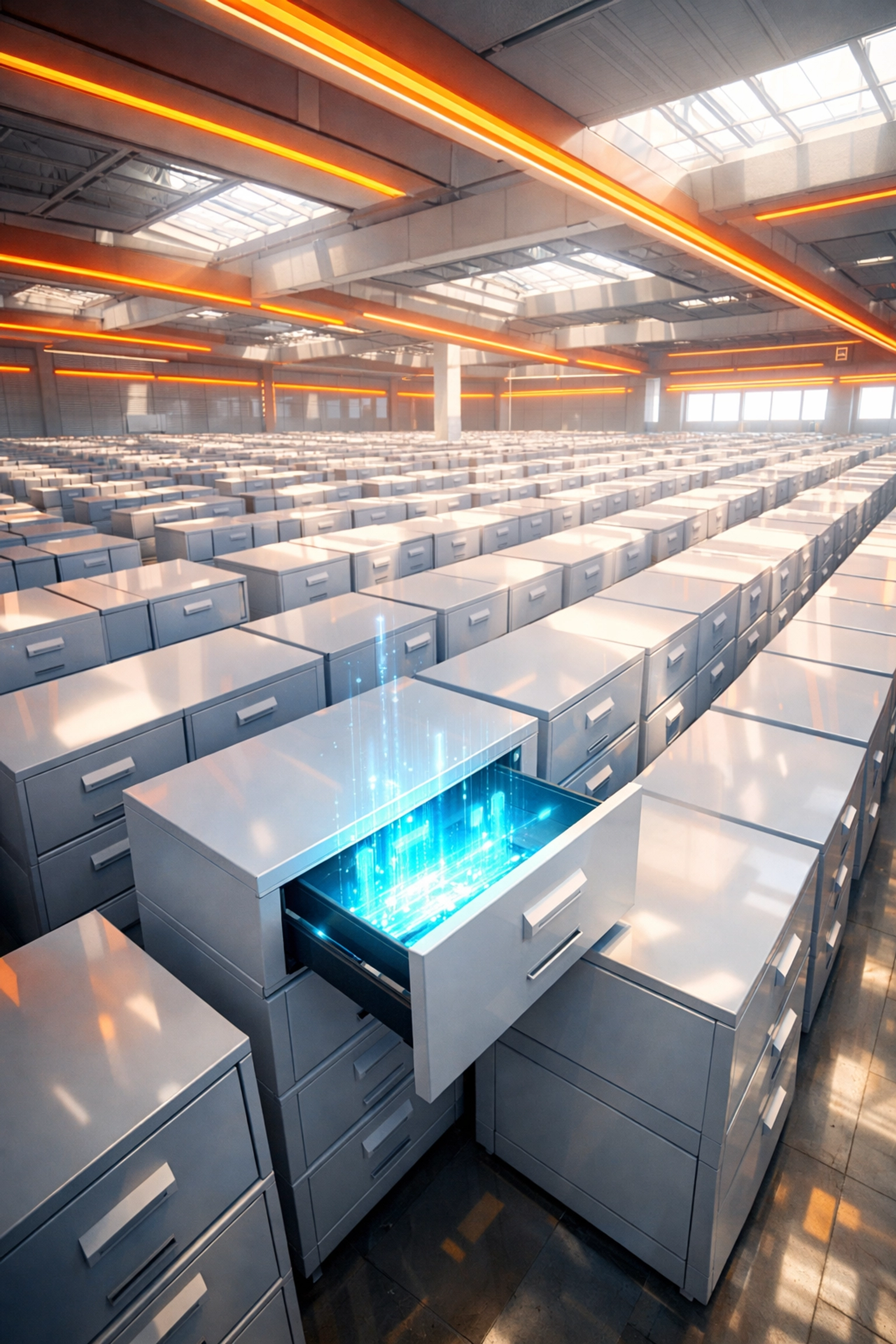 Futuristic digital filing warehouse representing social media algorithm content categorization.