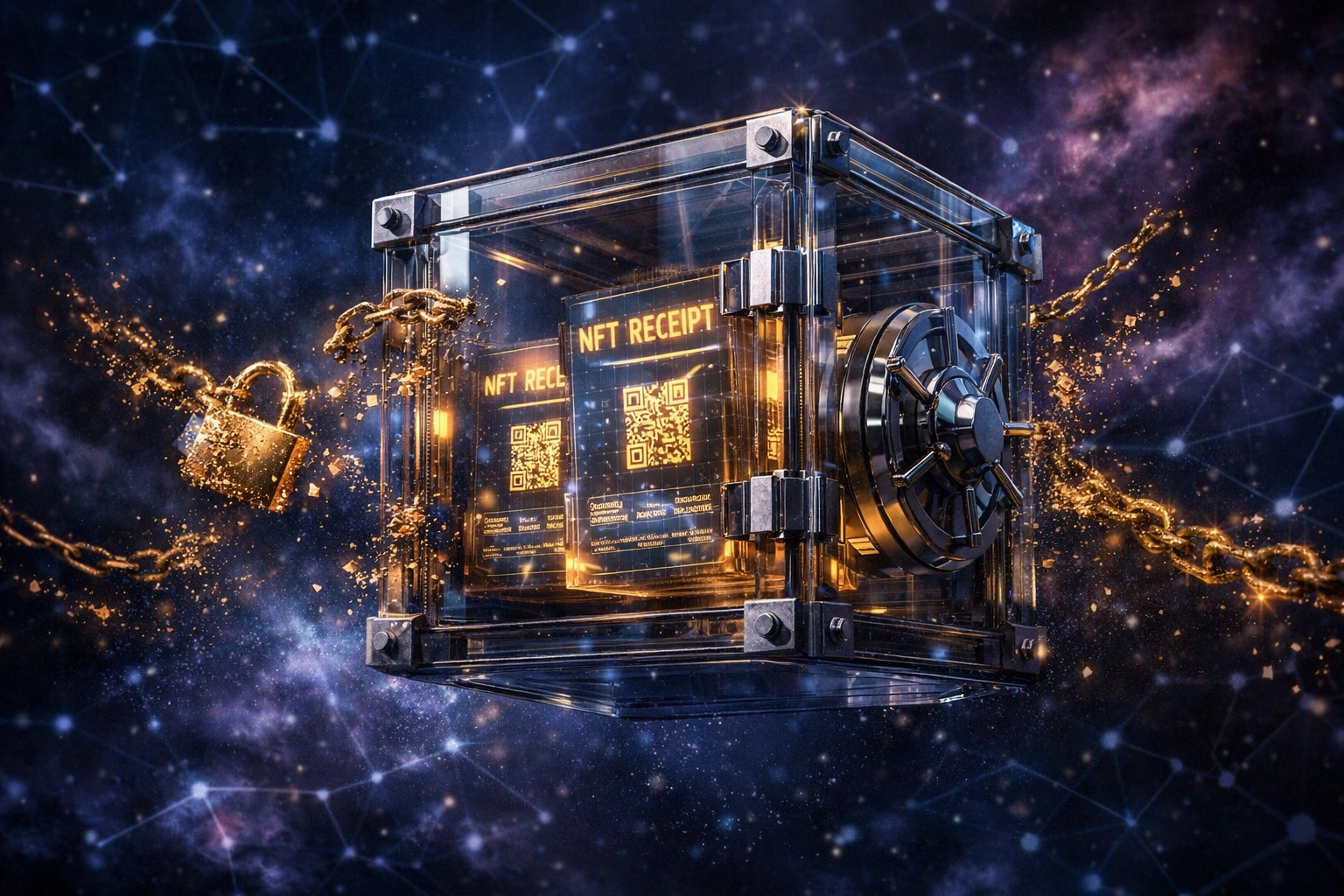 Self-custody blockchain vault securing NFT receipt tokens for permanent financial records