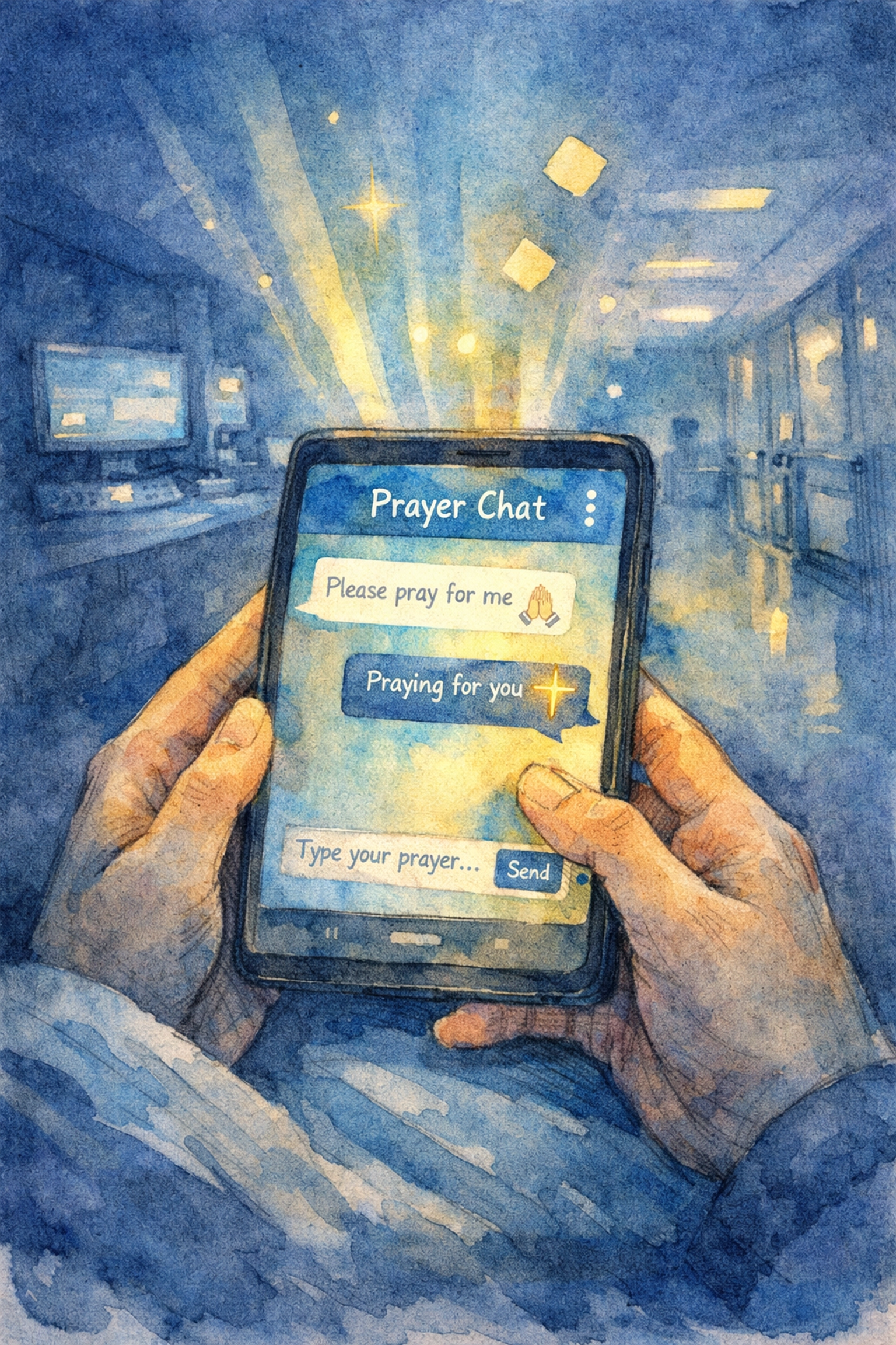 Hands holding phone with online prayer chat for 24/7 spiritual support