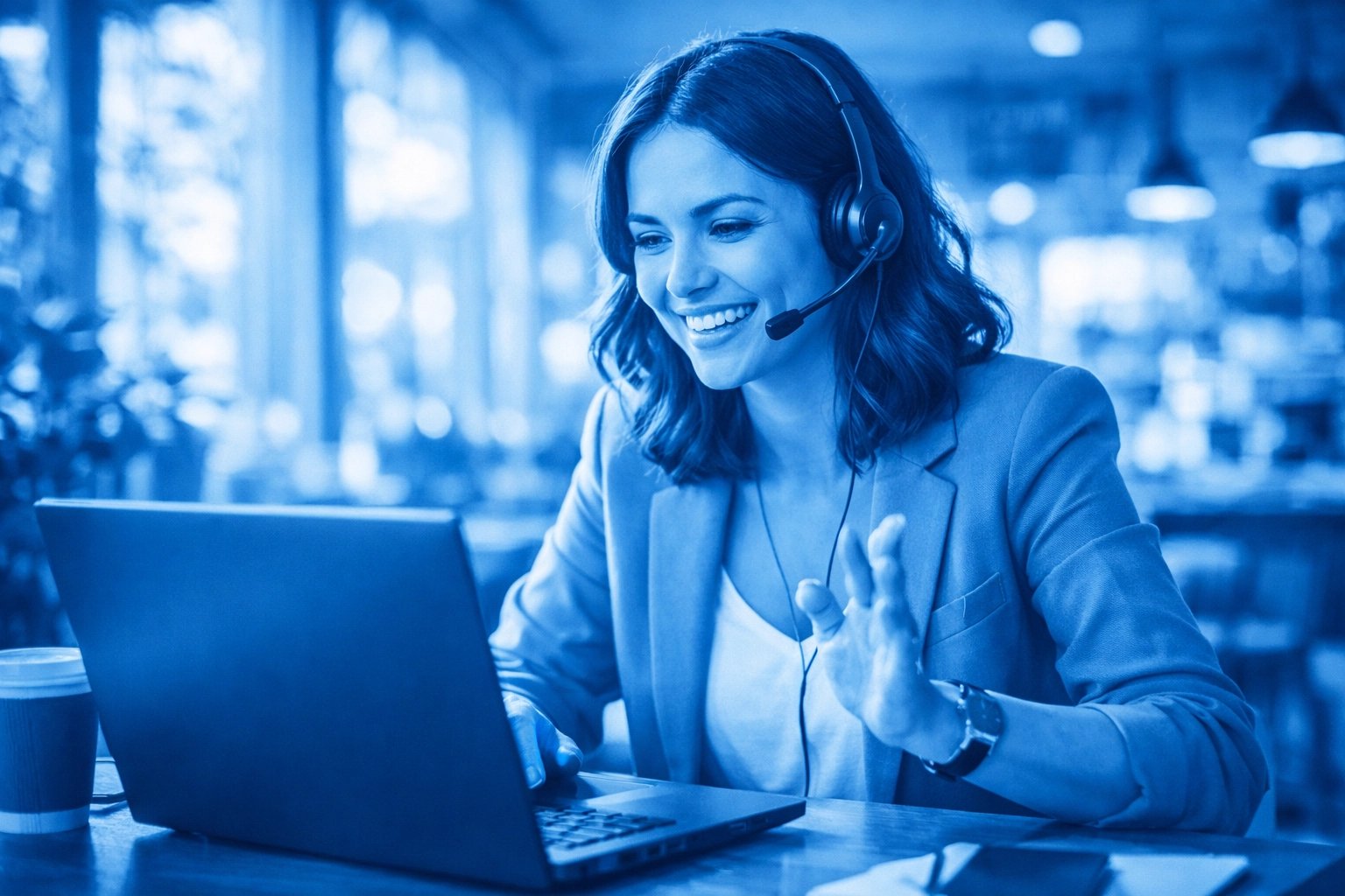 Professional working remotely on video call using cloud phone system with laptop and headset