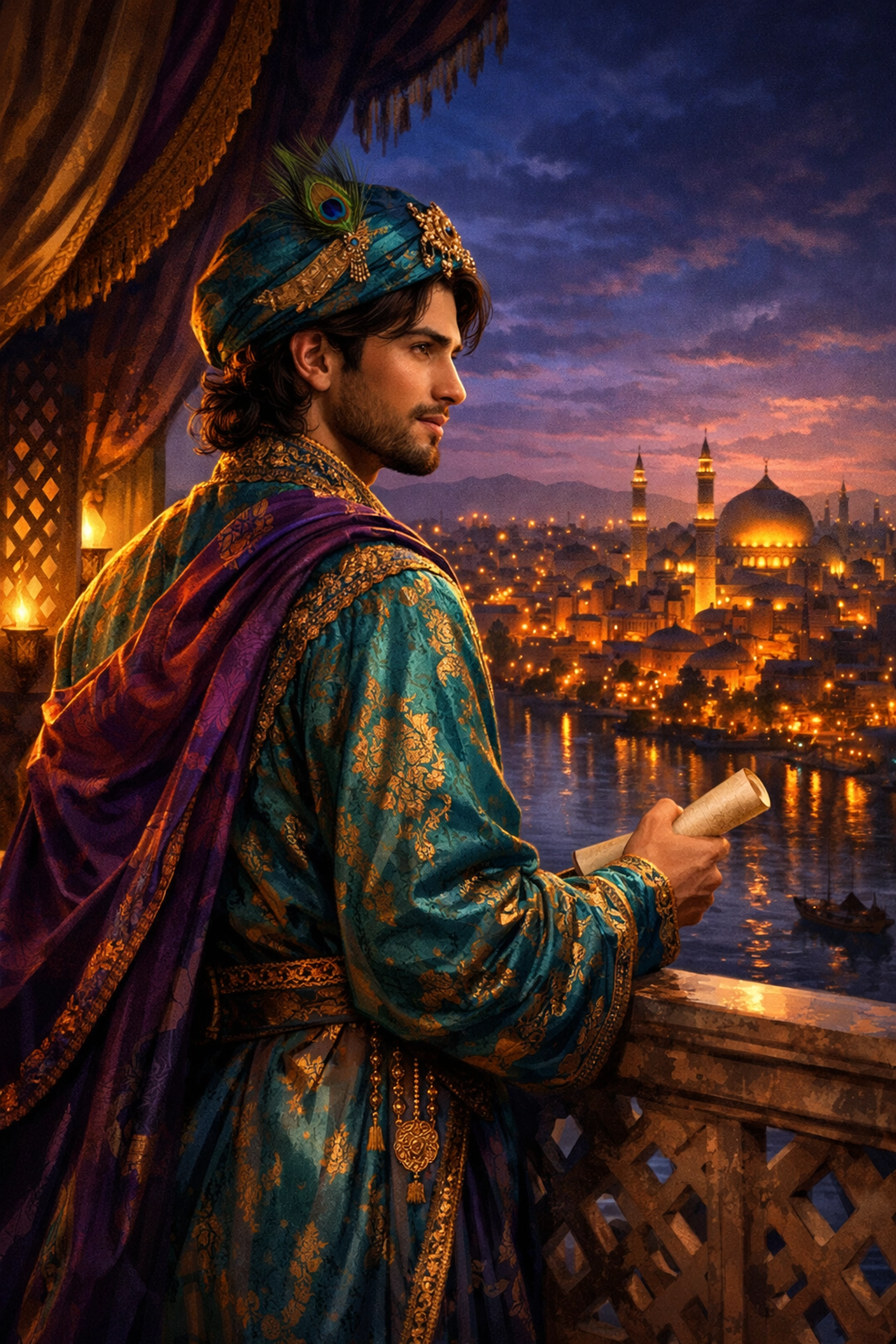 Young man in silk robes overlooking ancient Baghdad, representing the rise of queer literature and urban life.