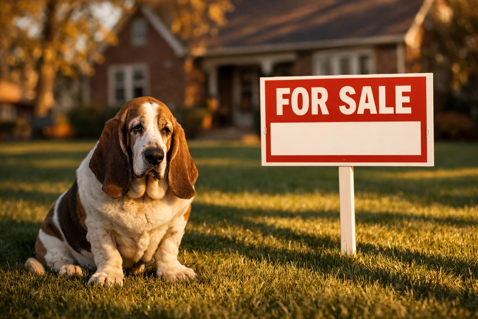 A weary dog by a for sale sign in Kansas City, showing the long timeline of a traditional Missouri MLS listing.