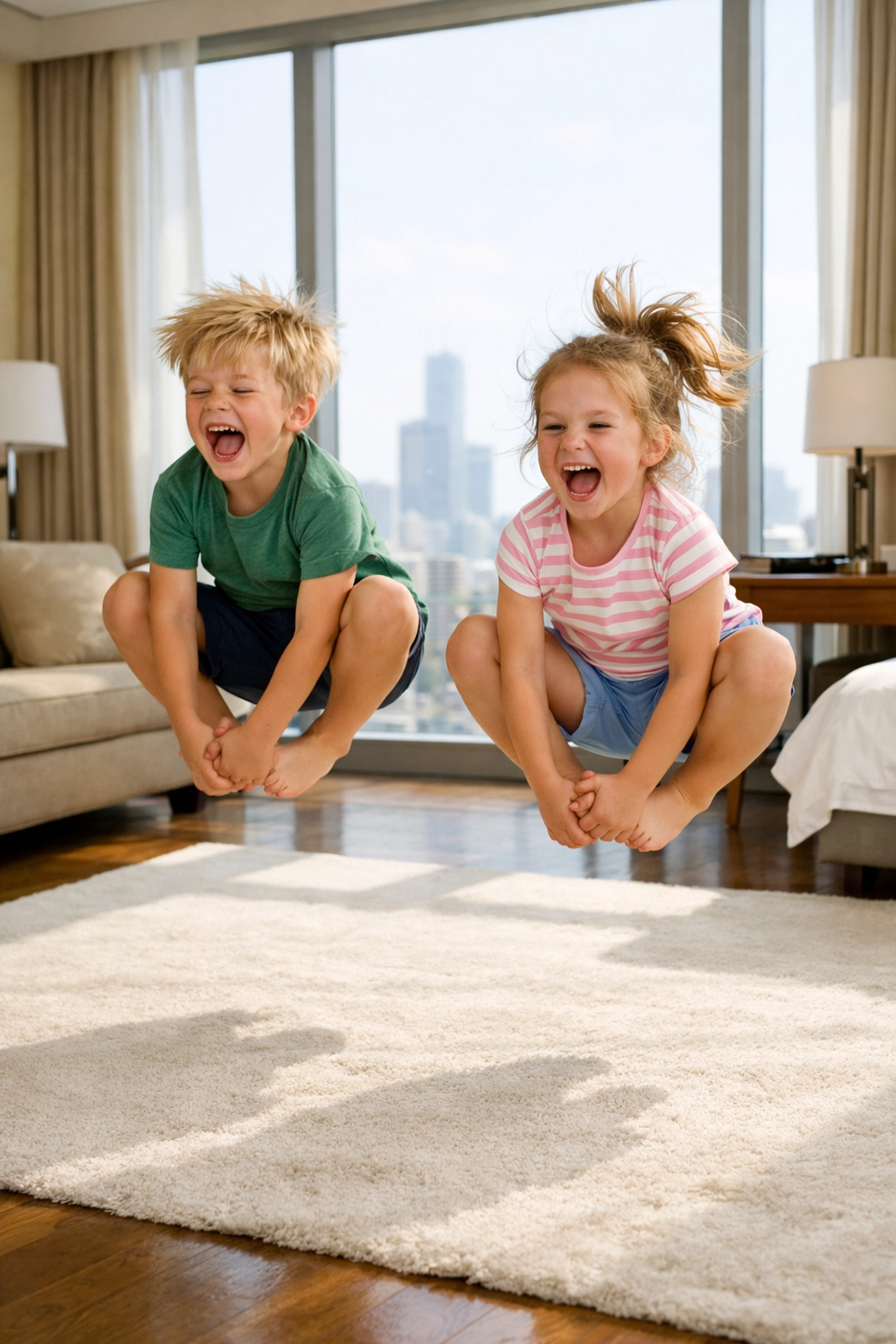 Kids doing frog jumps in a hotel, a great way to practice capturing movement in indoor photo spots.