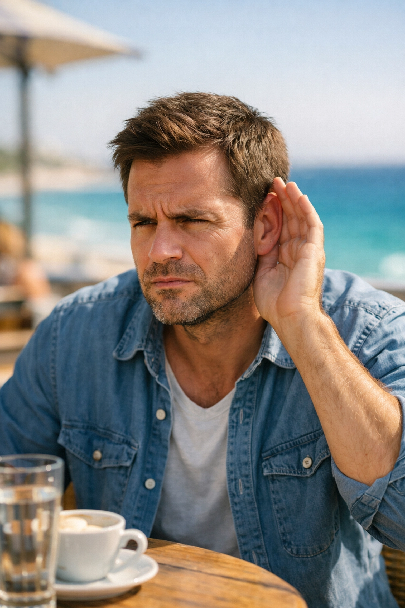 Man in a Perth cafe experiencing muffled hearing and symptoms of a blocked ear.