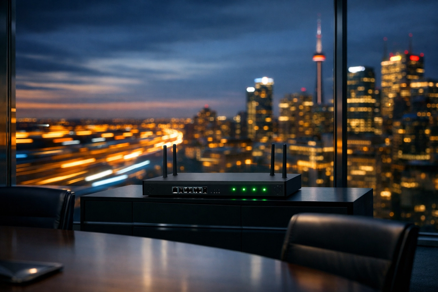 Enterprise router in a modern Canadian boardroom providing reliable business internet service.