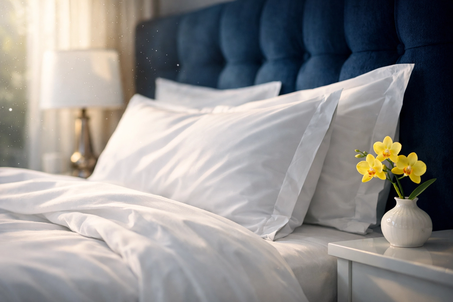 Clean master bedroom with crisp white linens and dust-free air for better sleep and wellness.