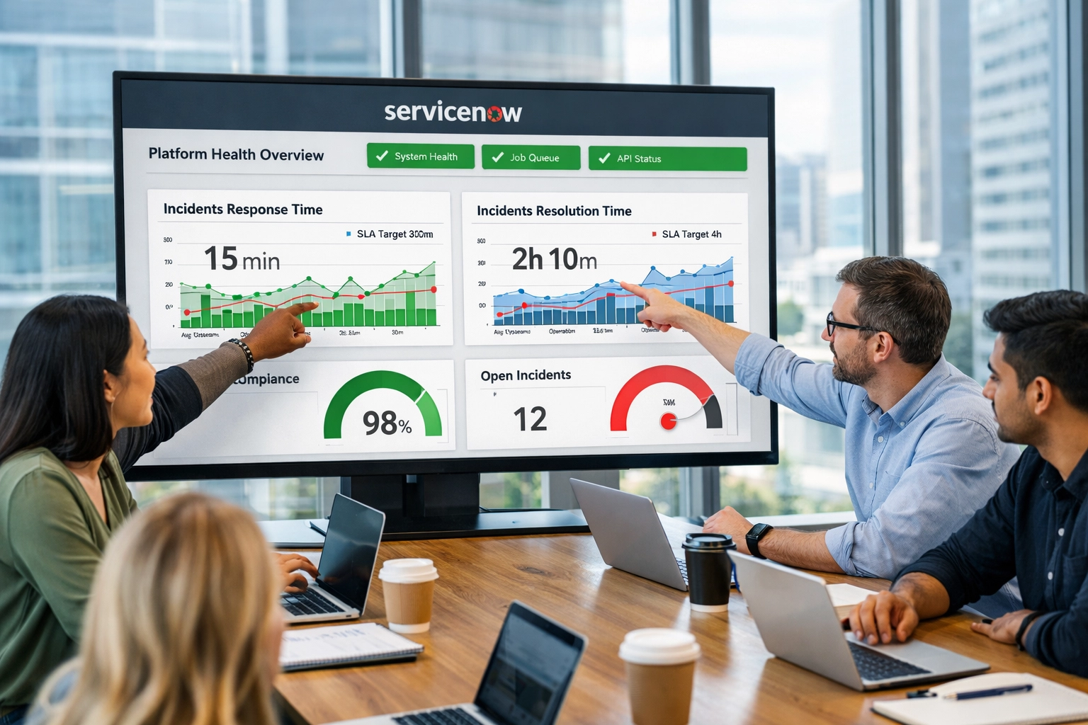 IT team reviewing ServiceNow platform health metrics and SLA dashboards in collaborative meeting