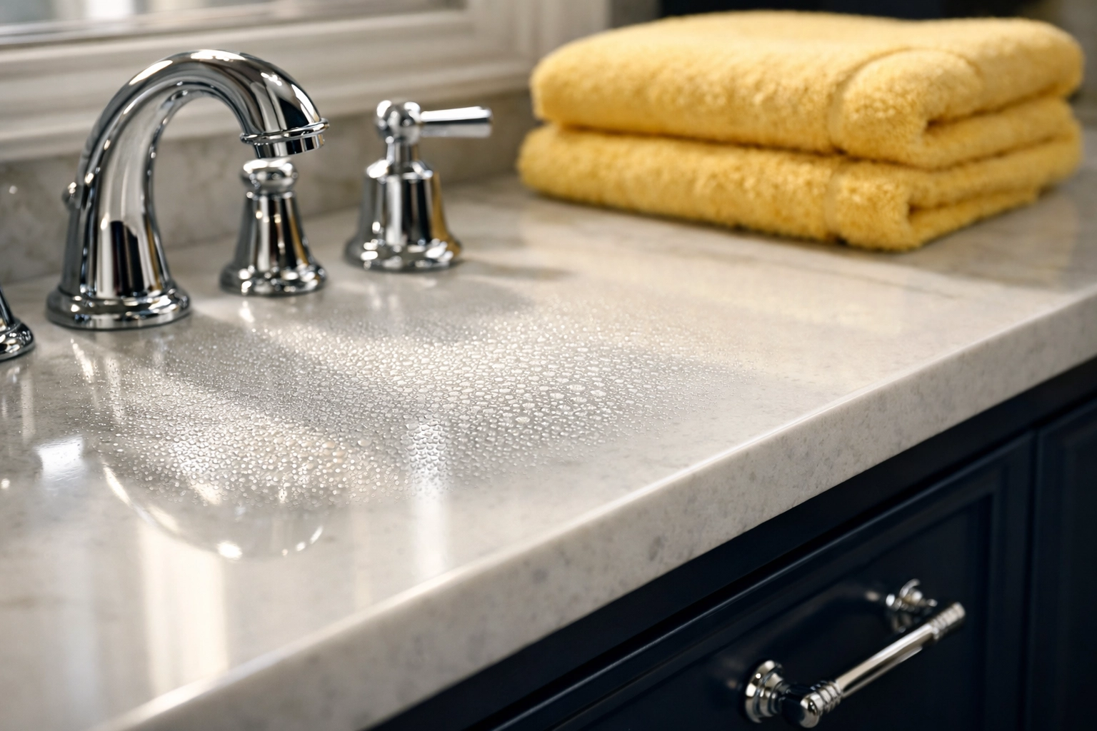 Deep cleaning results on a luxury bathroom vanity by professional cleaners in Norfolk.