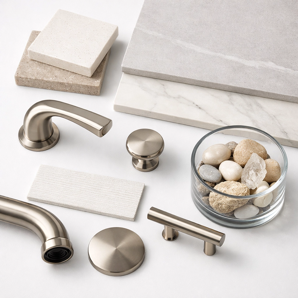 Premium bathroom materials including quartz countertops and tile samples for Orlando renovation projects