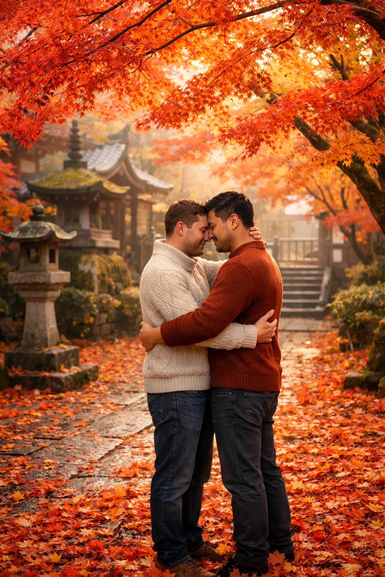 Queer couple embracing under autumn maple trees at Kyoto temple honeymoon destination