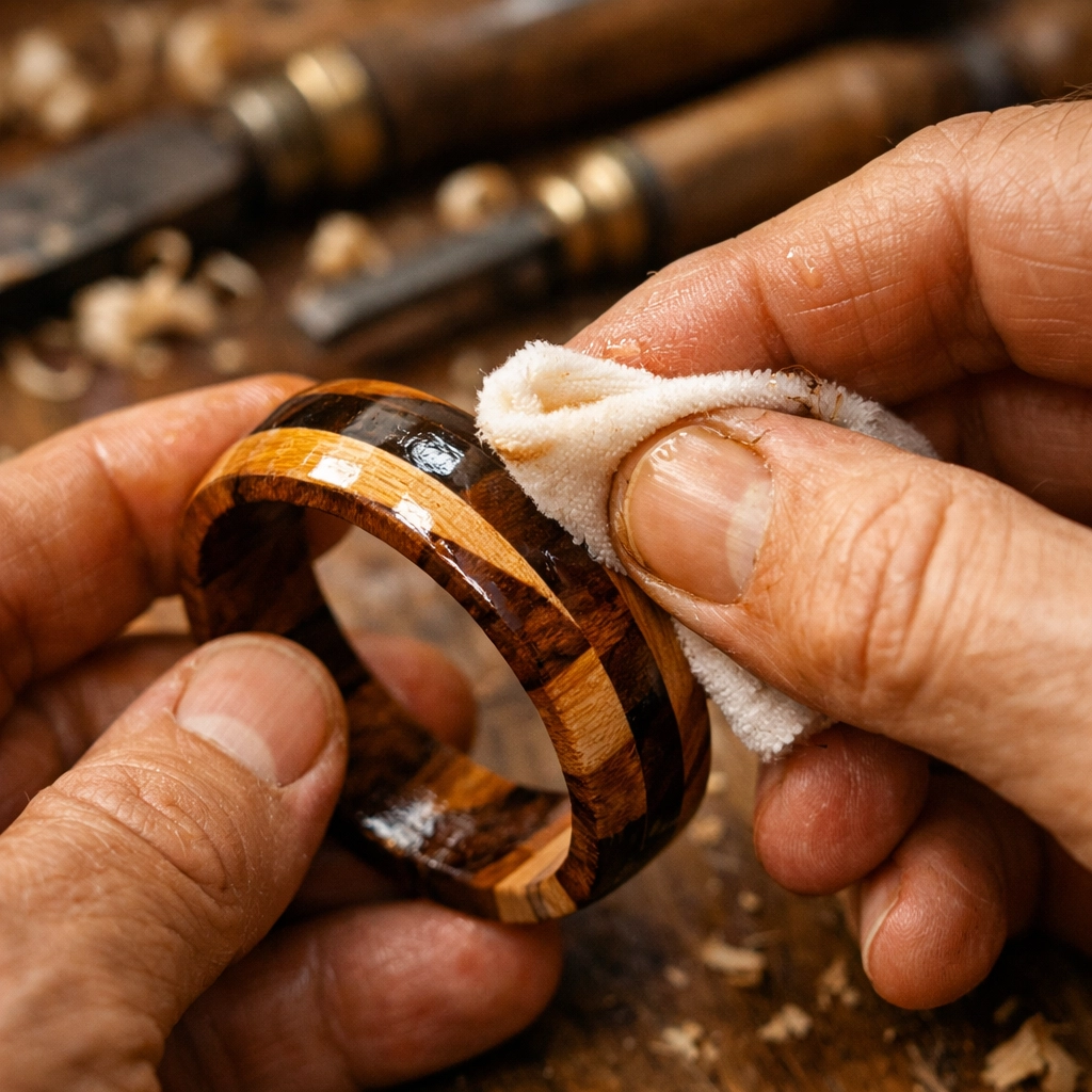 Close-up of artisan hands applying a finish to a handcrafted wooden accessory on a rustic workbench.