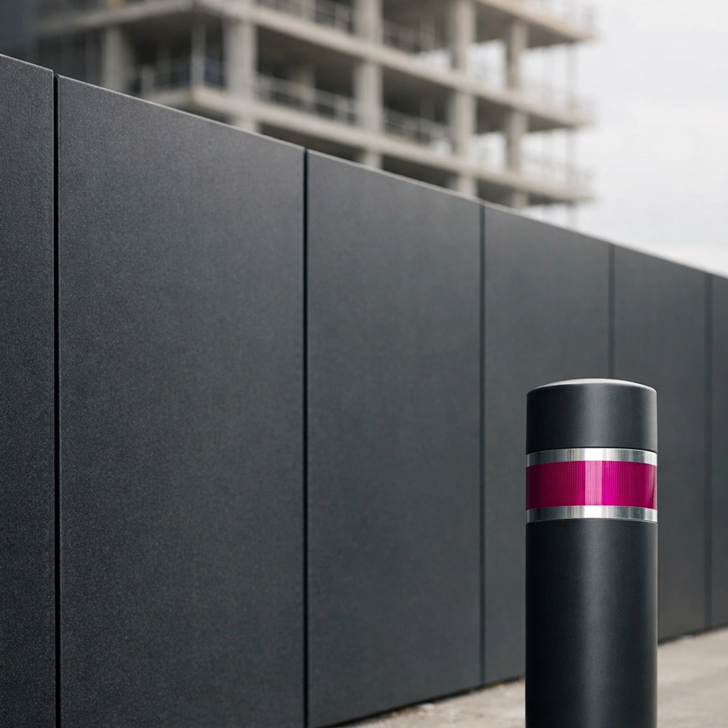 Sustainable recycled plastic hoarding panels and safety barriers on a modern construction site for ESG compliance.